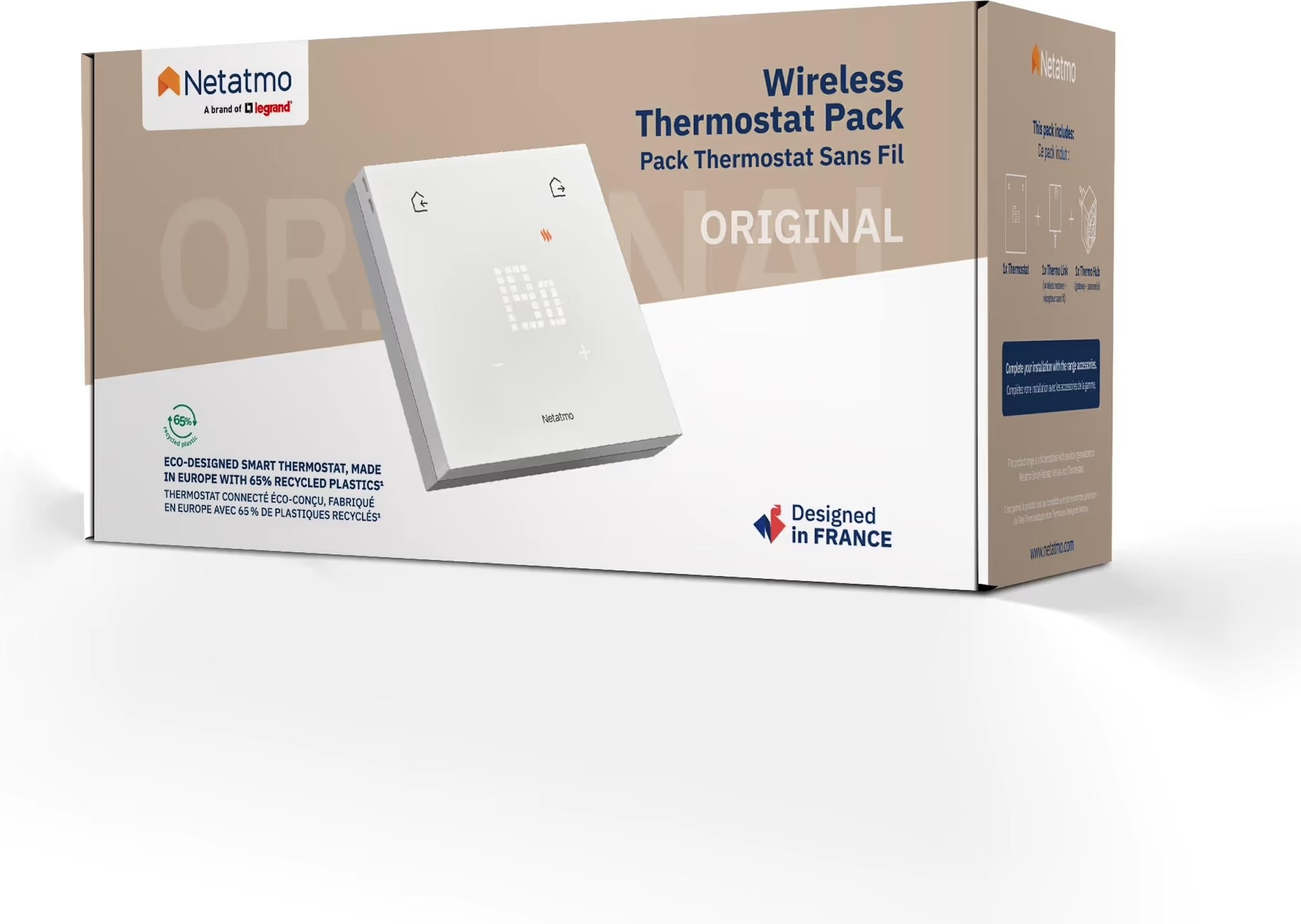 Caja del Netatmo Wireless Thermostat Pack que muestra el termostato inteligente blanco y texto sobre fondo marrón y blanco.