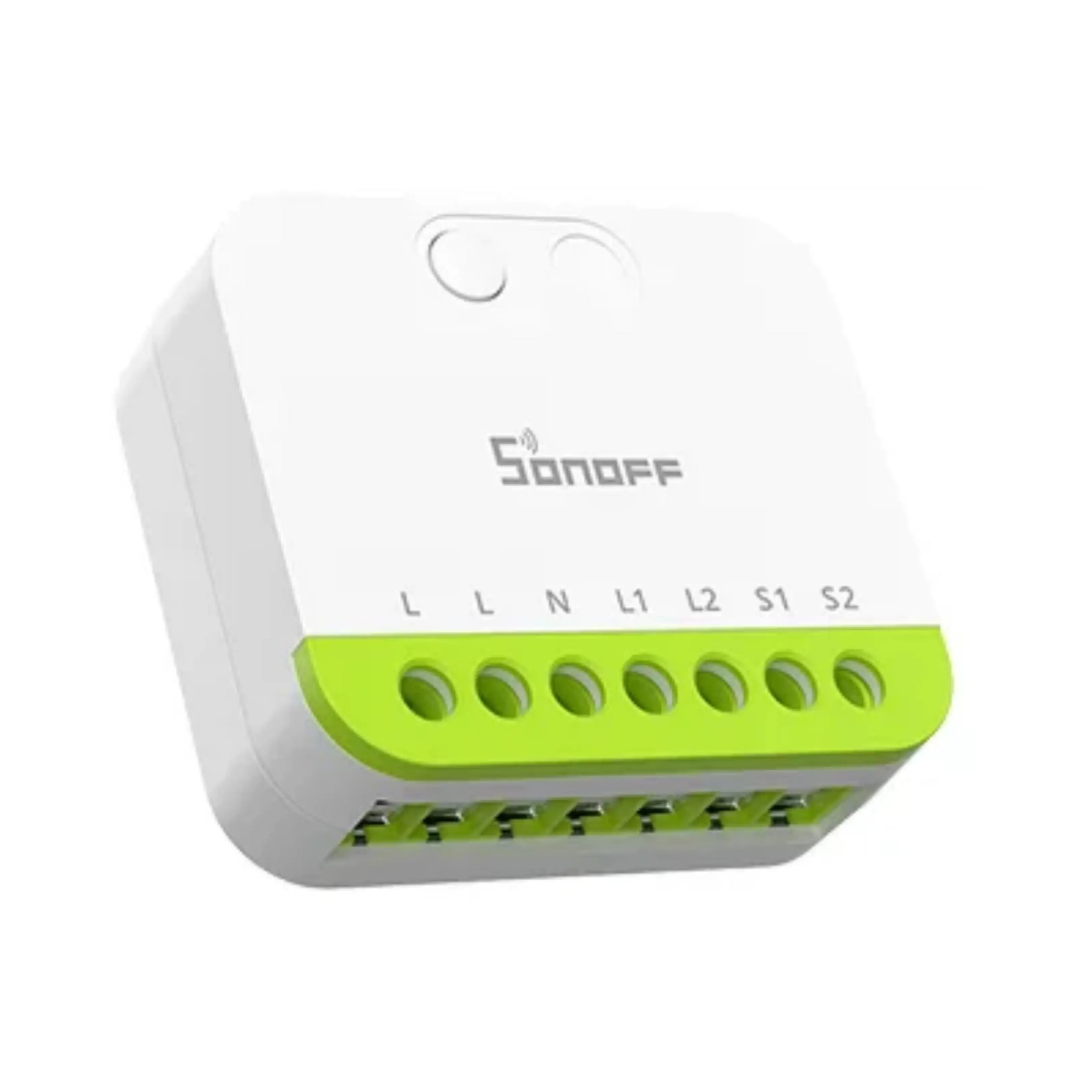 Relé inteligente Sonoff blanco con una tira de terminales verde y siete puertos.