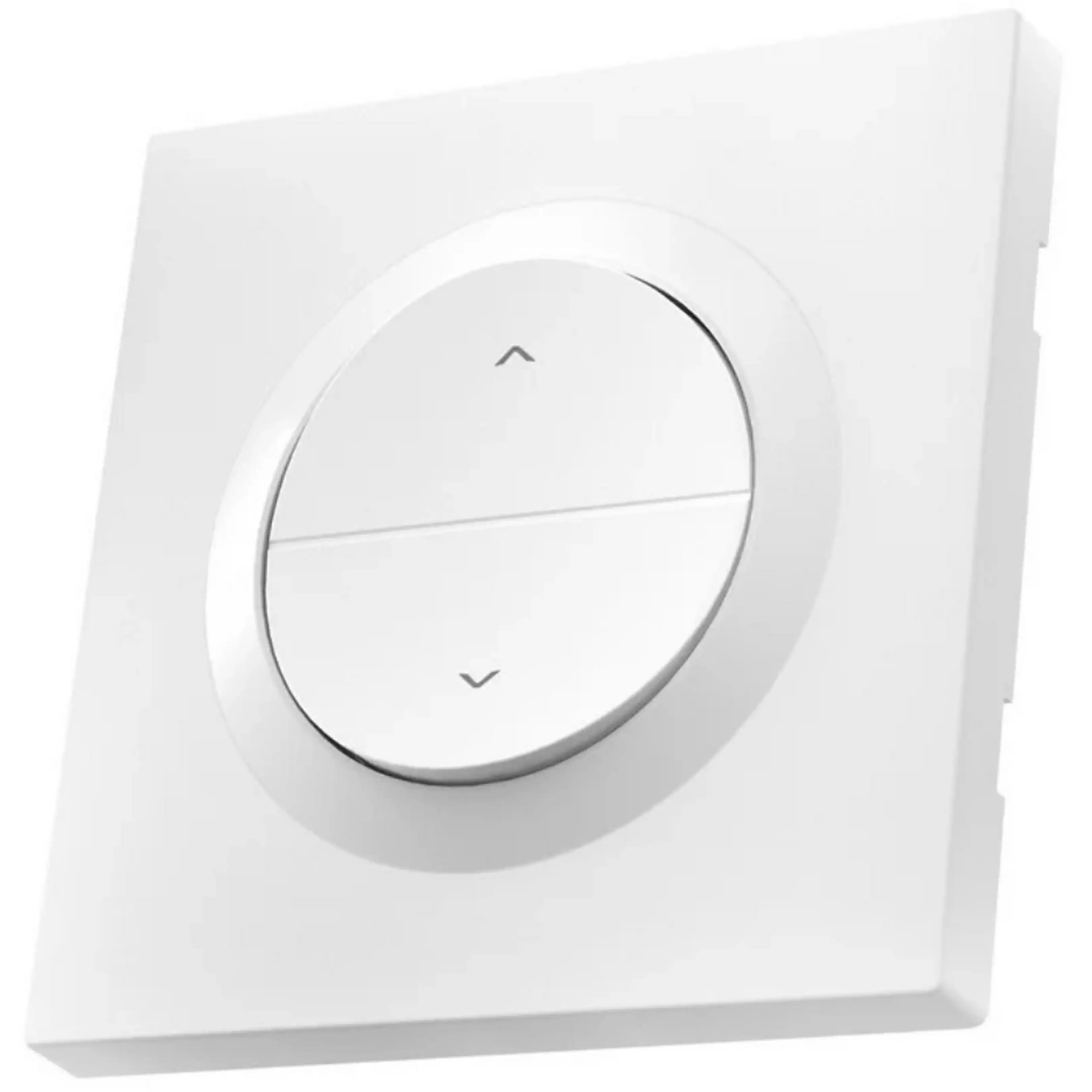 Un interruptor de pared cuadrado y blanco con un botón redondo dividido en dos y flechas.