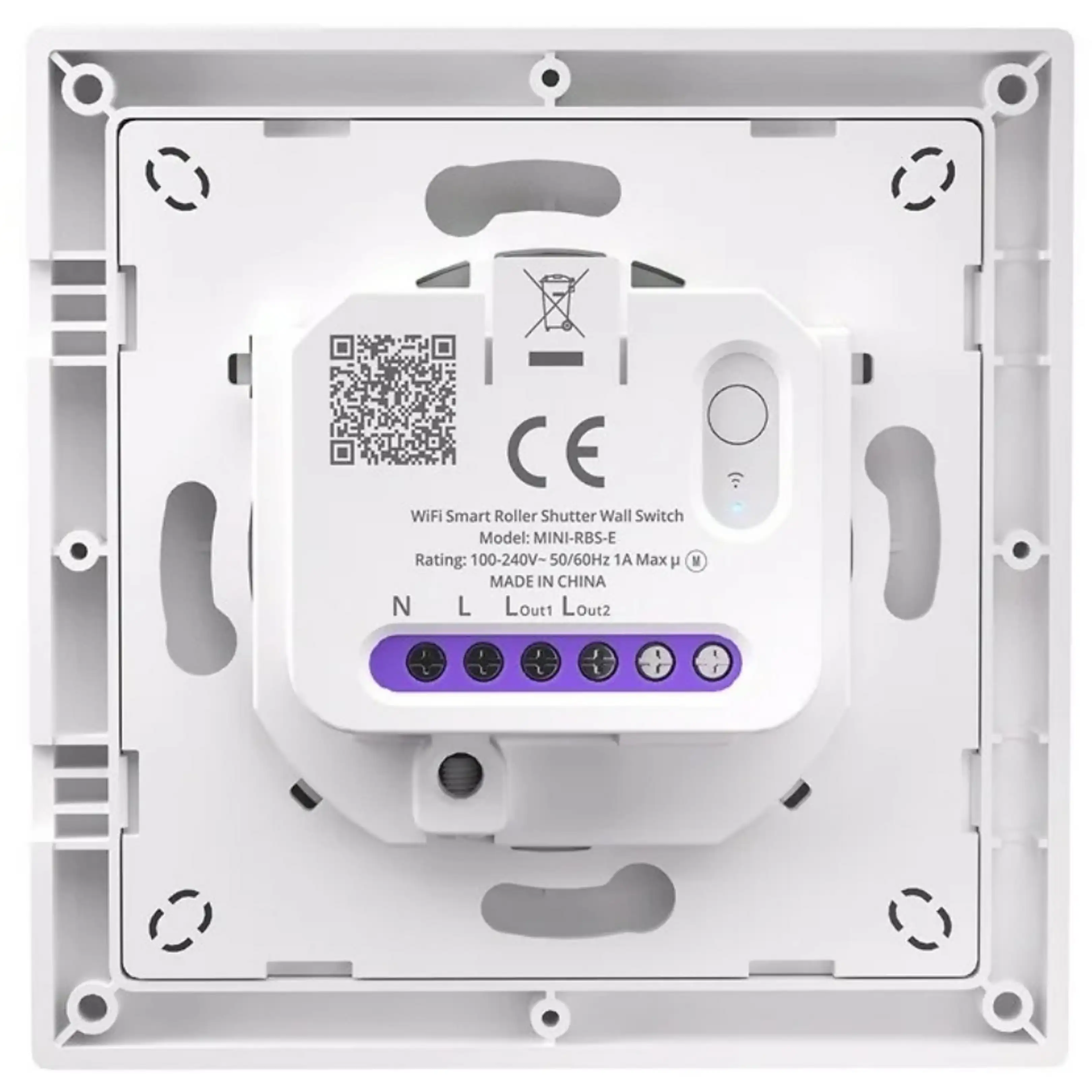 Parte trasera de un interruptor wifi para persianas con código QR, marca CE y terminales de tornillo morados.