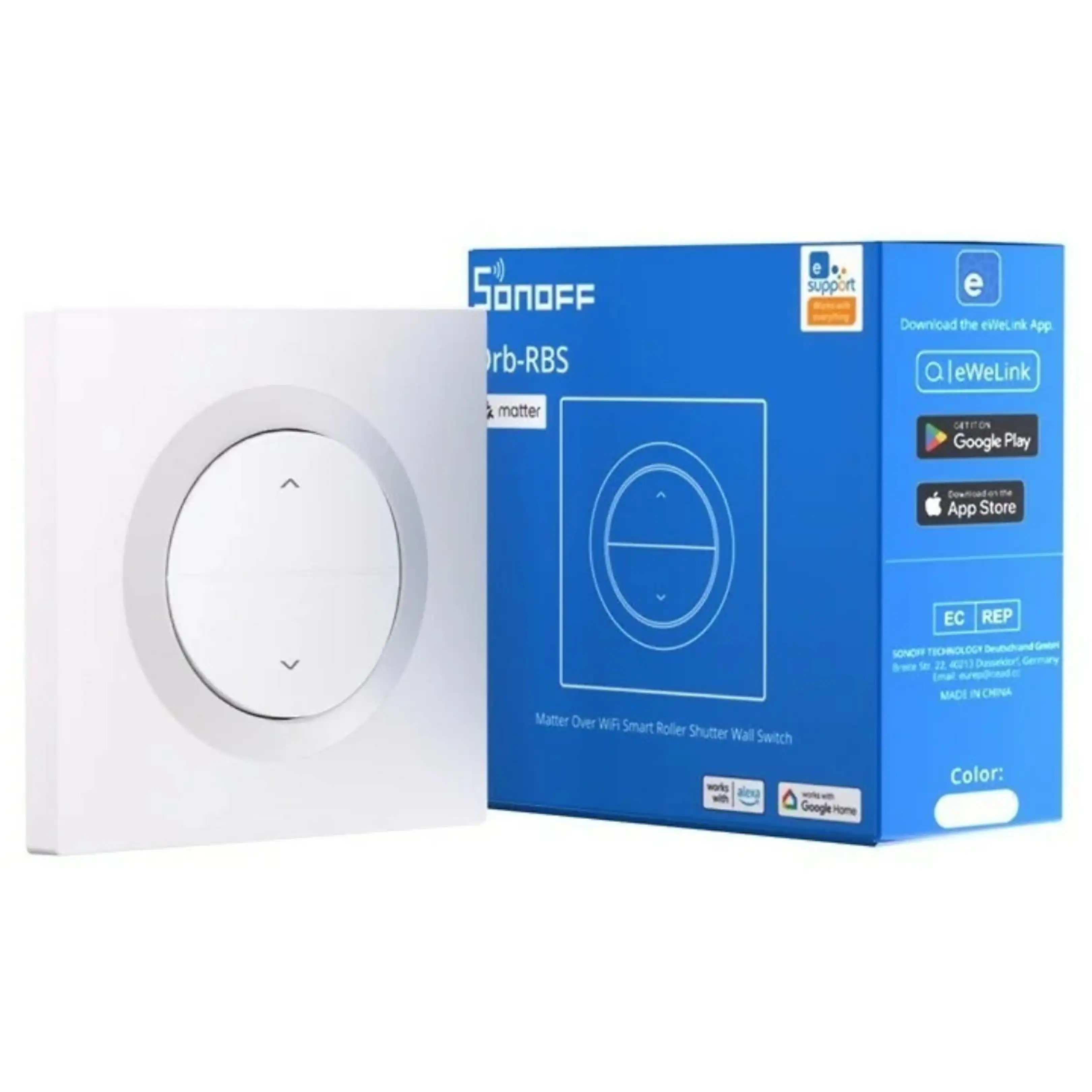 Un interruptor de pared inteligente Sonoff Matter Wi-Fi blanco al lado de su caja de embalaje azul.