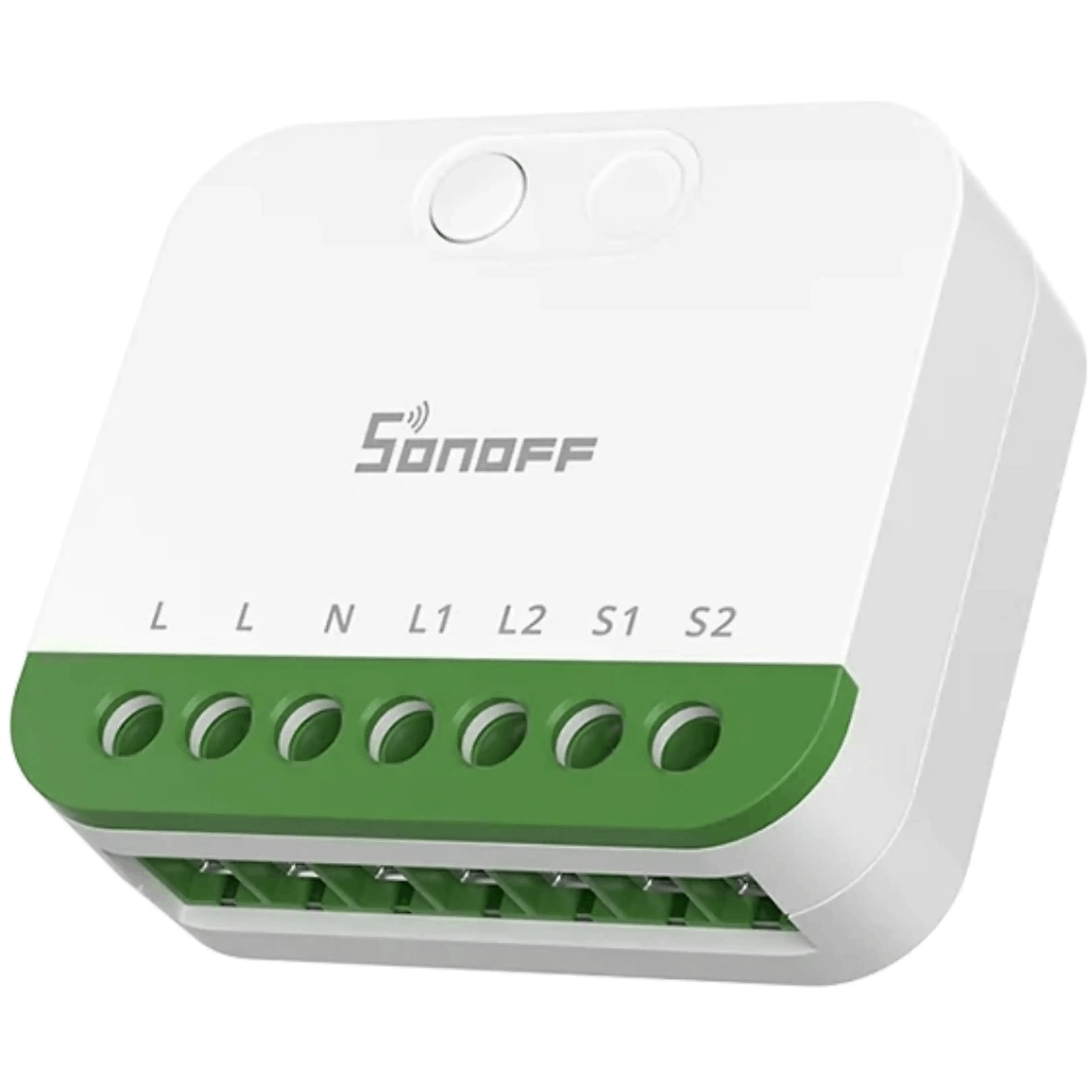 Un dispositivo inteligente Sonoff blanco con un bloque de terminales verde y puertos etiquetados sobre fondo negro.