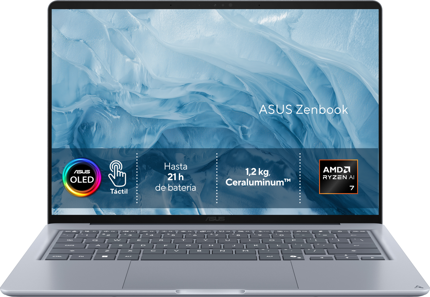Portátil ASUS Zenbook con pantalla OLED, procesador AMD Ryzen AI 7 y fondo azul abstracto.
