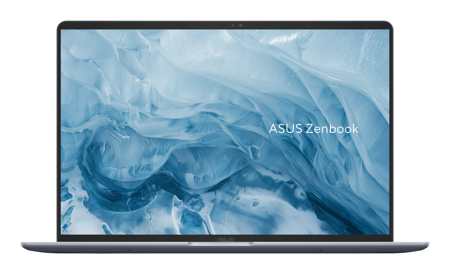 Ordenador portátil ASUS Zenbook con un fondo de pantalla abstracto azul en su pantalla con biseles finos.