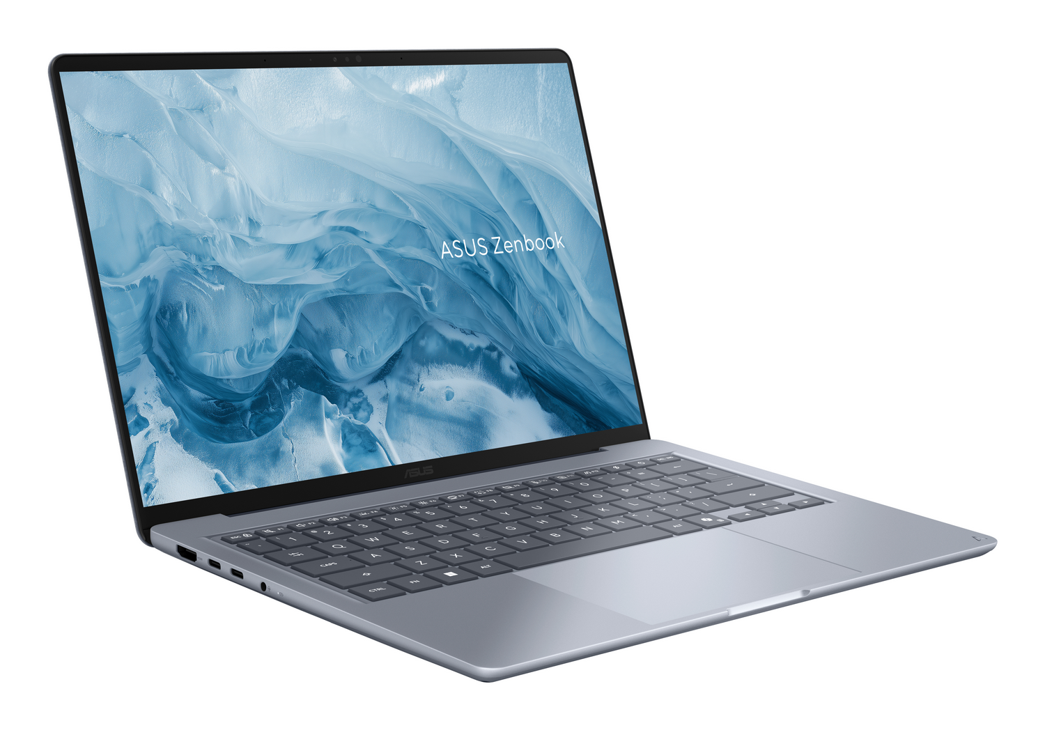 Un portátil ASUS Zenbook plateado sobre fondo blanco con un fondo de pantalla azul en la pantalla.