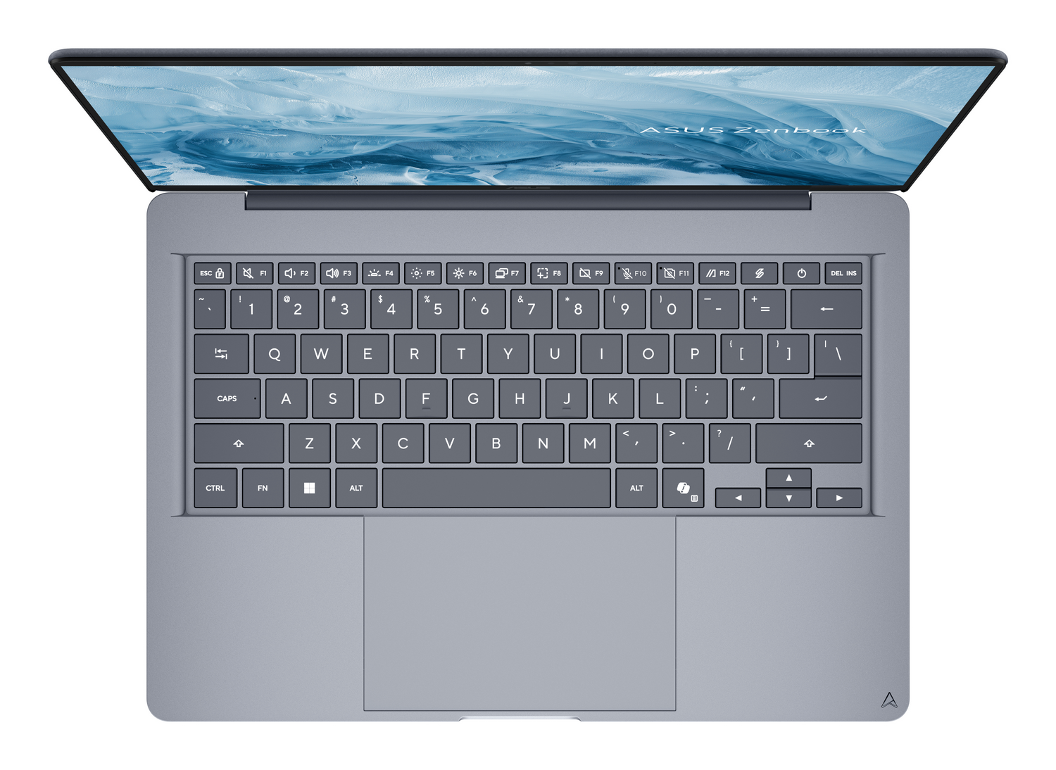 Vista superior de un portátil gris con pantalla azul iluminada y teclado en inglés.