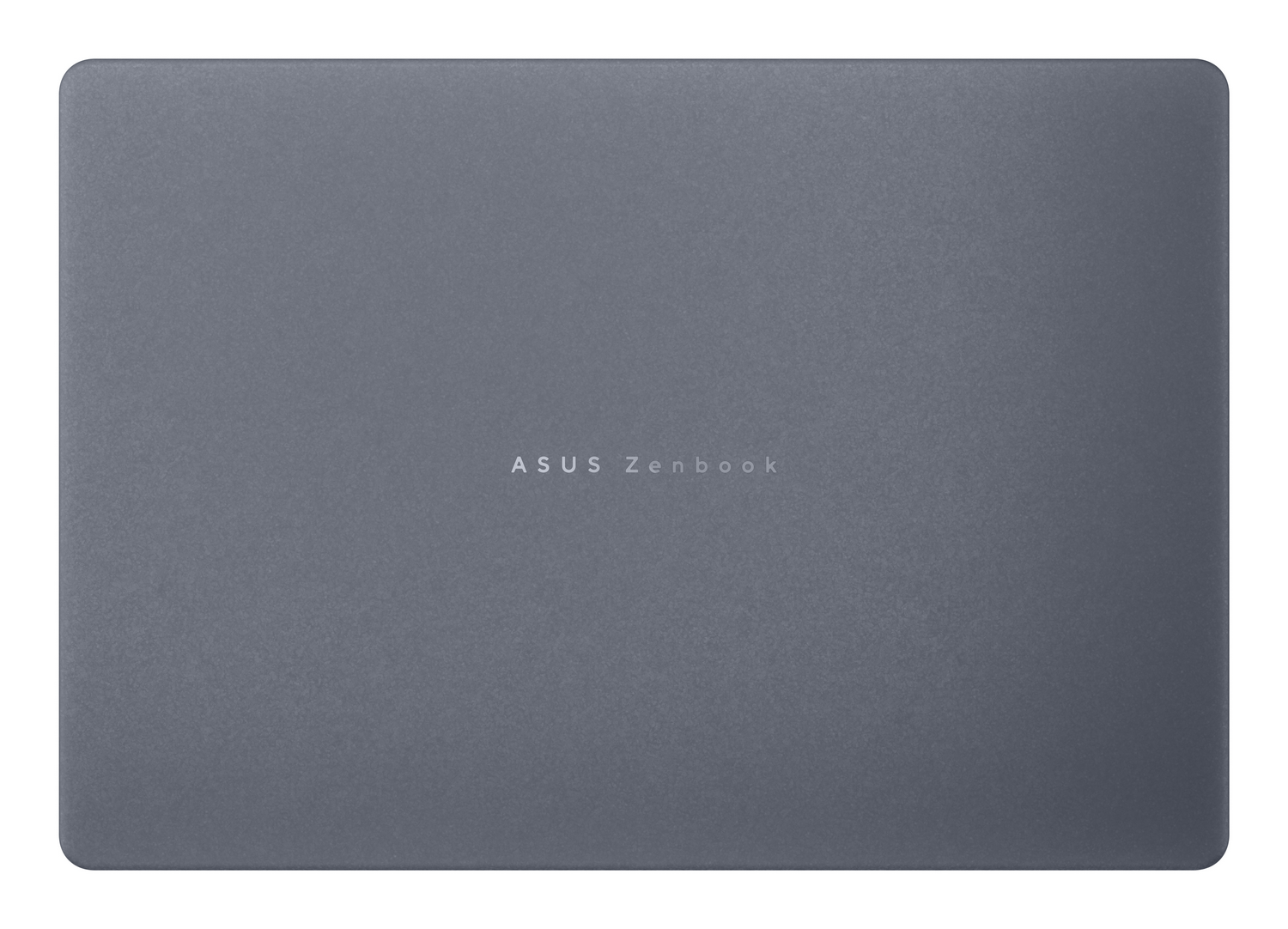 Portátil ASUS Zenbook gris cerrado visto desde arriba sobre fondo blanco.