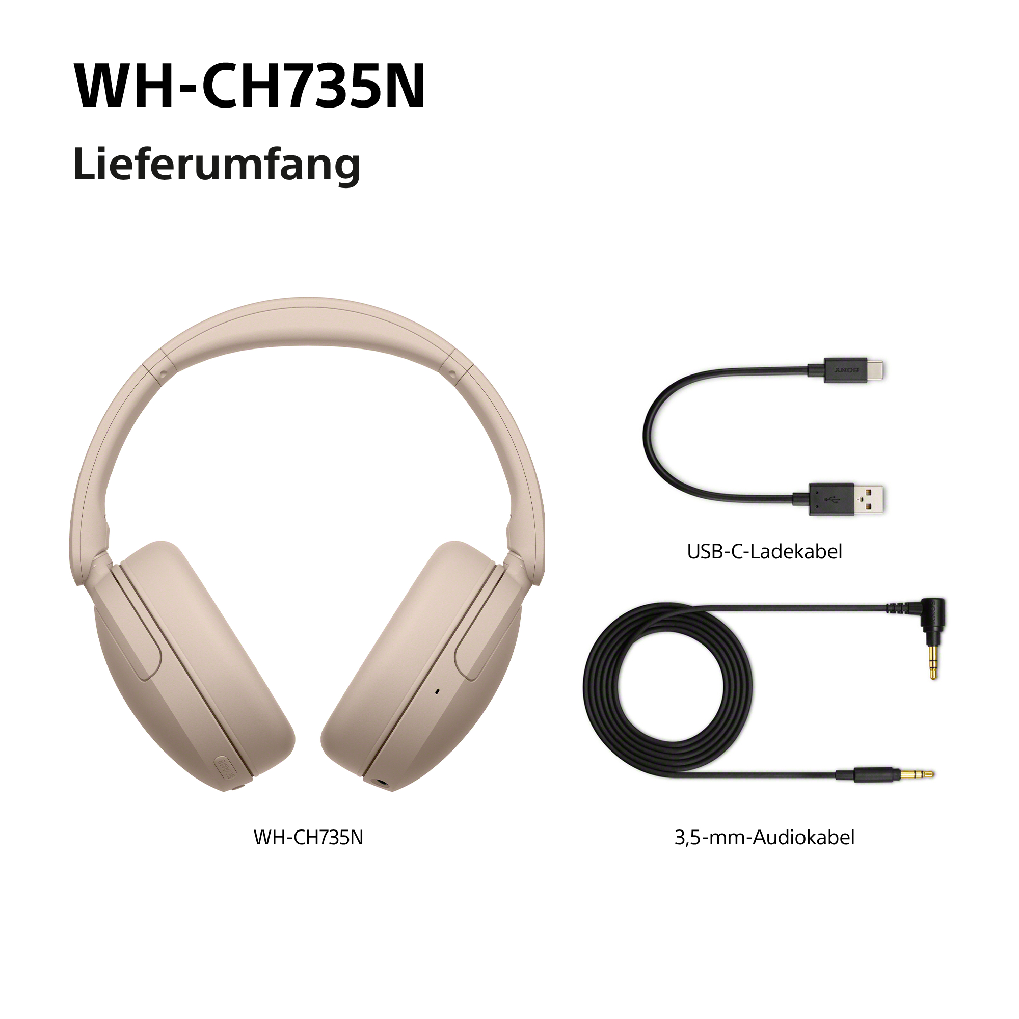 WH-CH735N Kopfhörer in Beige mit USB-C-Ladekabel und 3,5-mm-Audiokabel.