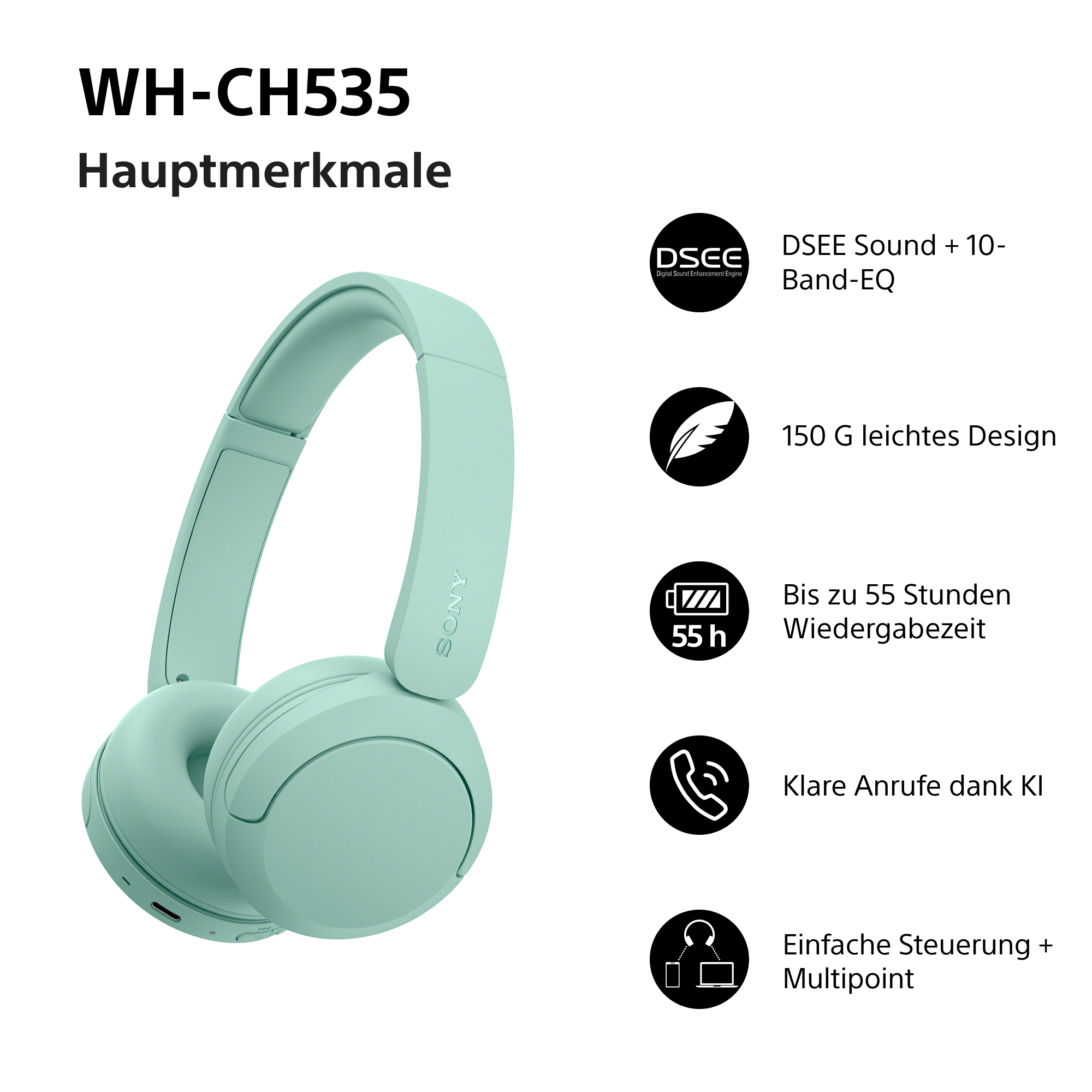 Hellblaue Sony Kopfhörer mit Hauptmerkmalen wie Sound, leichtem Design und langer Akkulaufzeit.