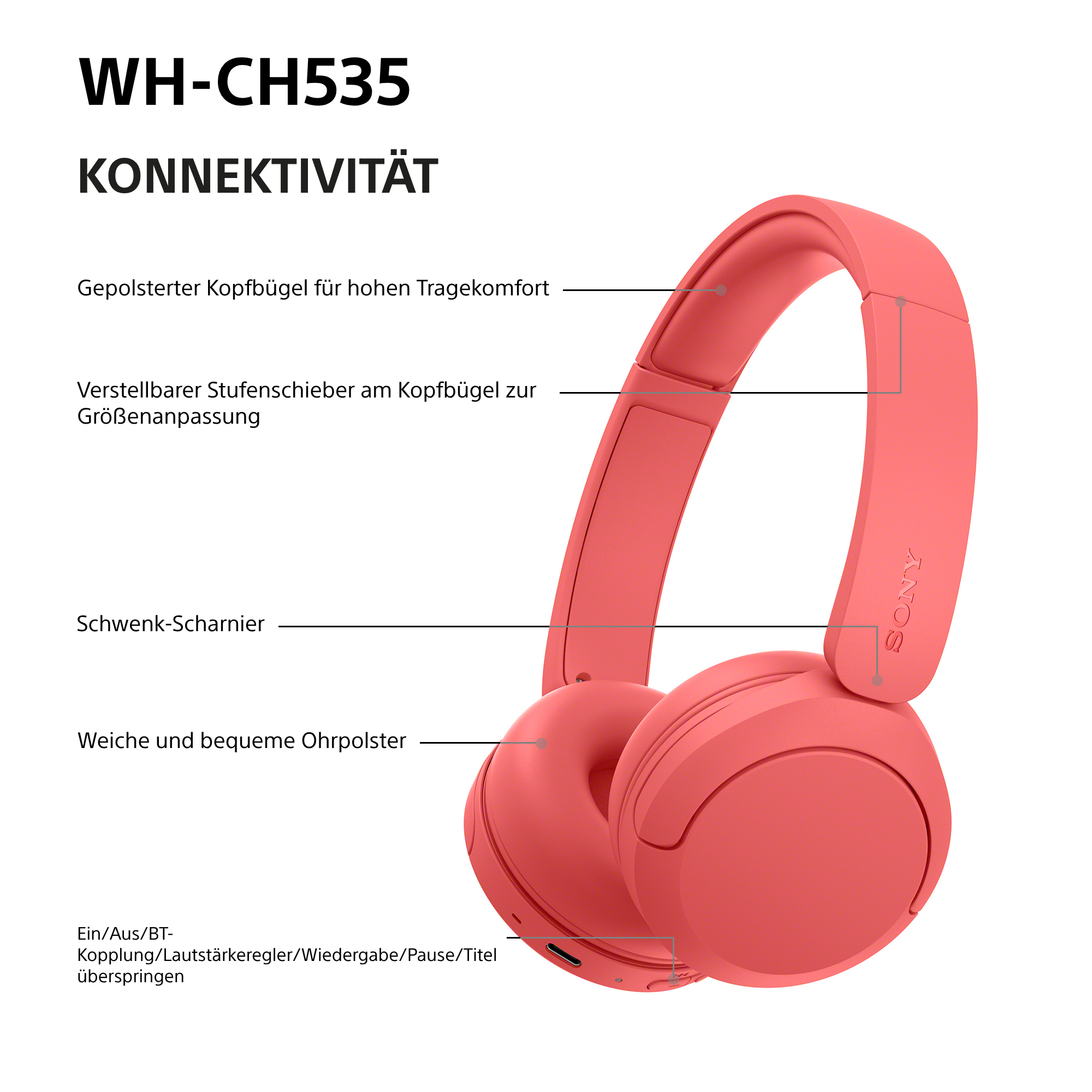 Diagramm zeigt rosa Sony WH-CH535 Kopfhörer mit deutschen Funktionsbeschreibungen.