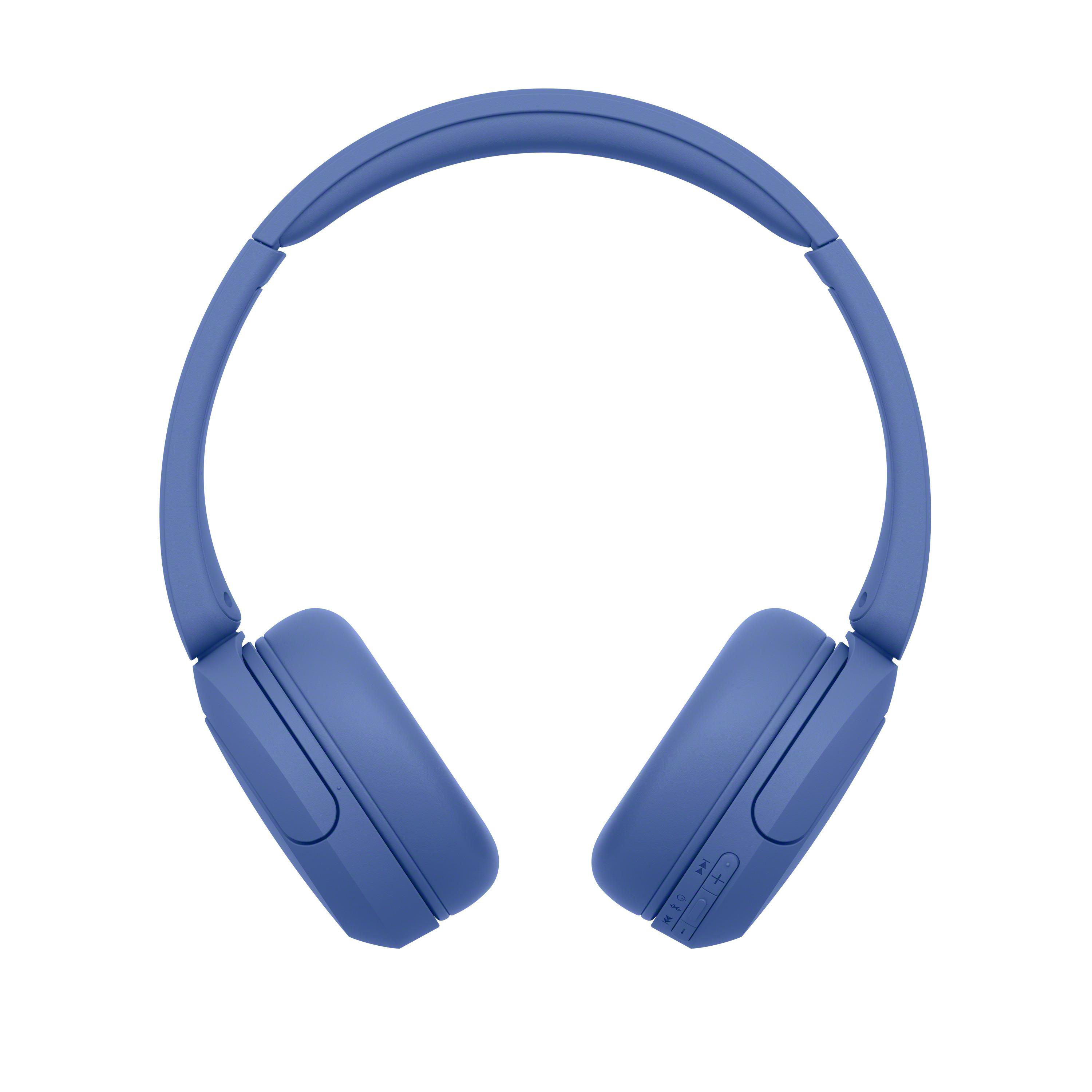 Blaue On-Ear-Kopfhörer mit Bedienelementen an der rechten Ohrmuschel auf weißem Hintergrund.