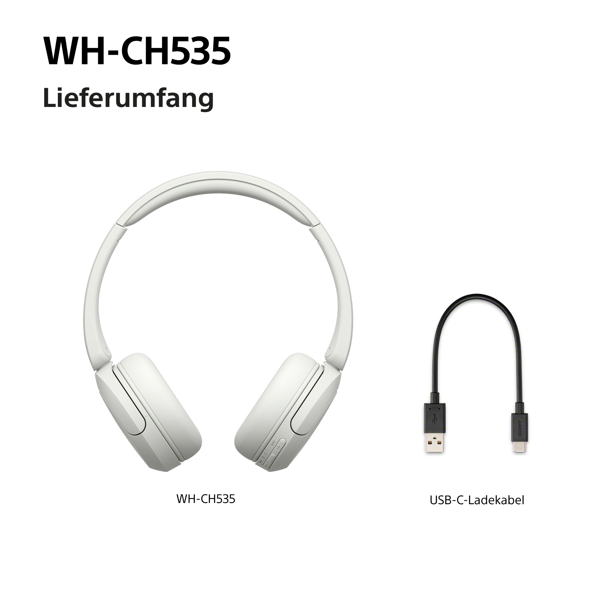Weiße WH-CH535 Kopfhörer und ein schwarzes USB-C-Ladekabel auf weißem Hintergrund.