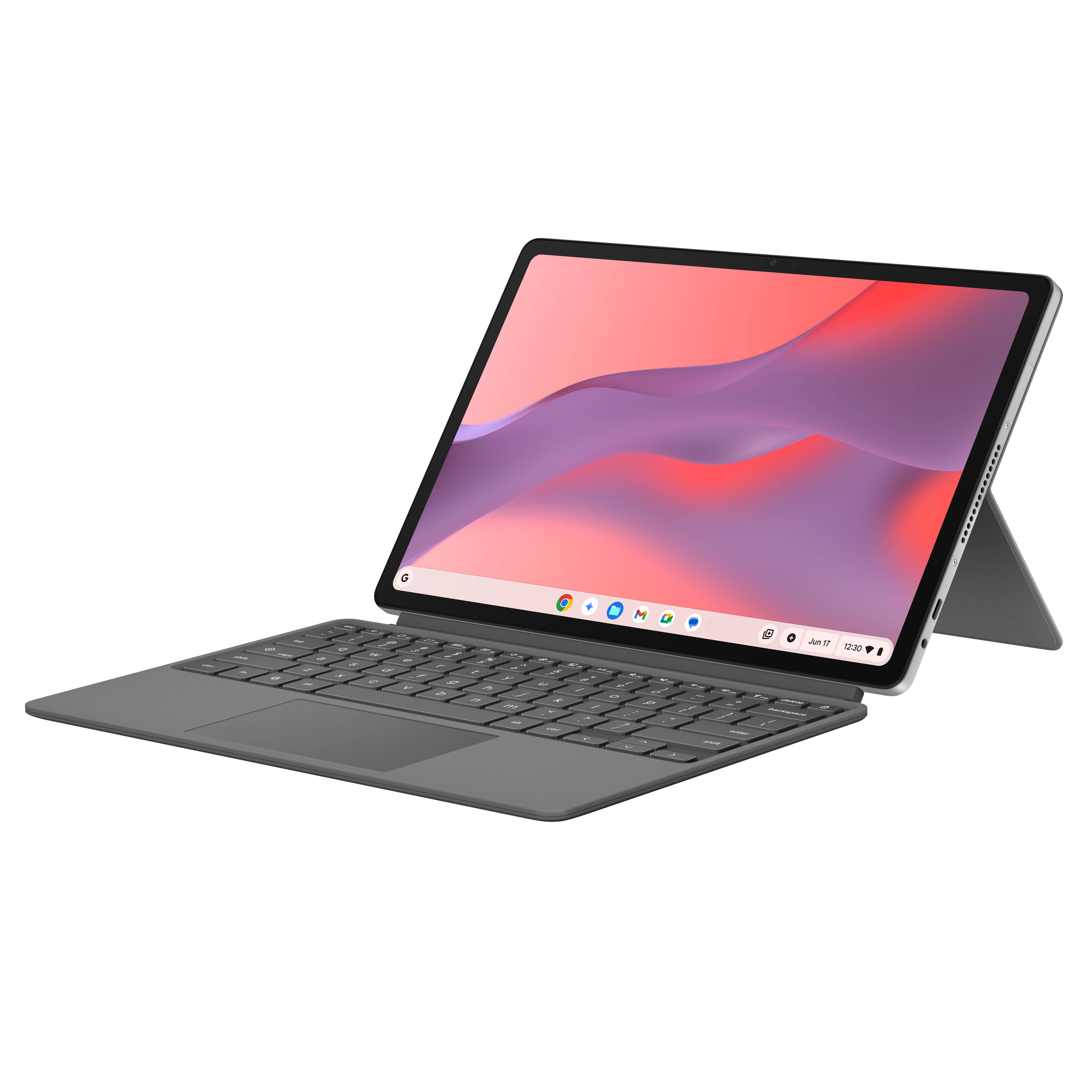 Una tableta gris con funda con teclado y fondo de pantalla abstracto en la pantalla, aislada en blanco.