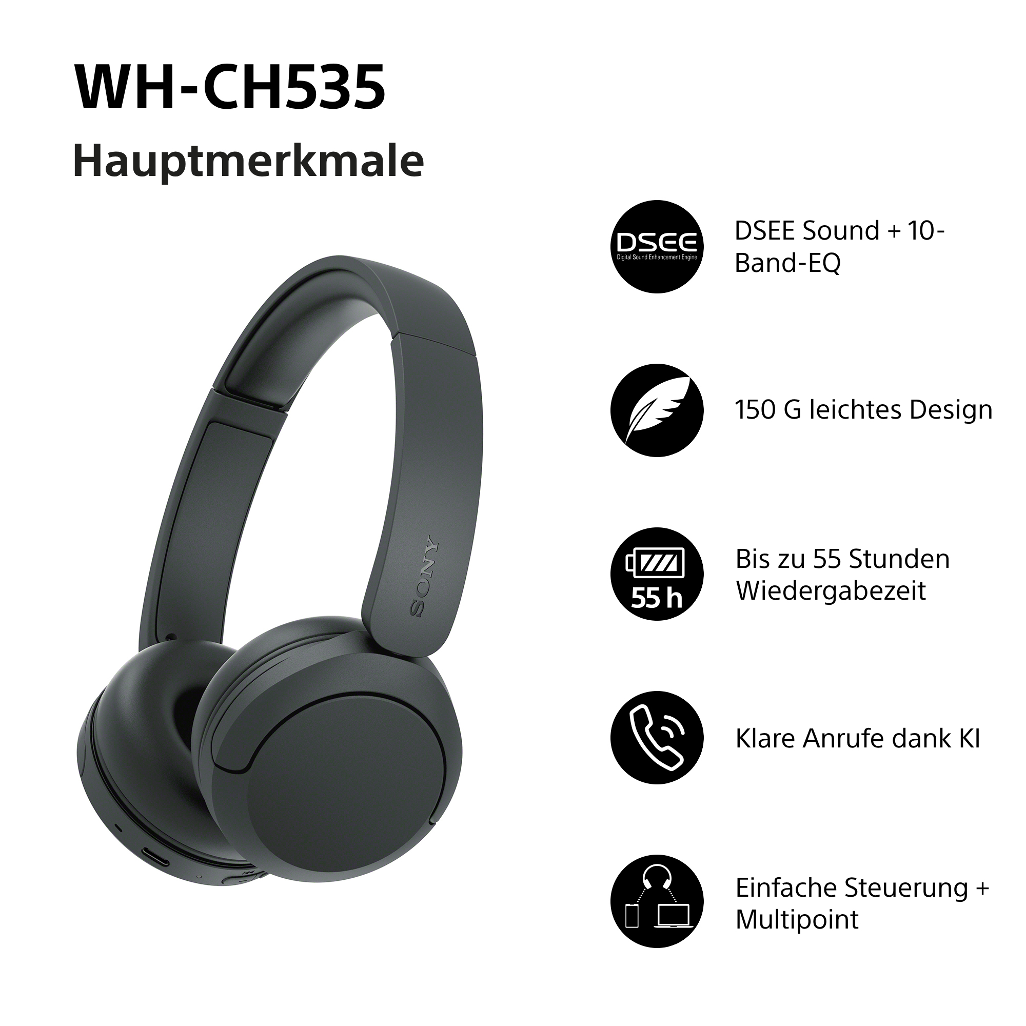 Schwarze Sony WH-CH535 kabellose Kopfhörer mit Funktionssymbolen rechts.