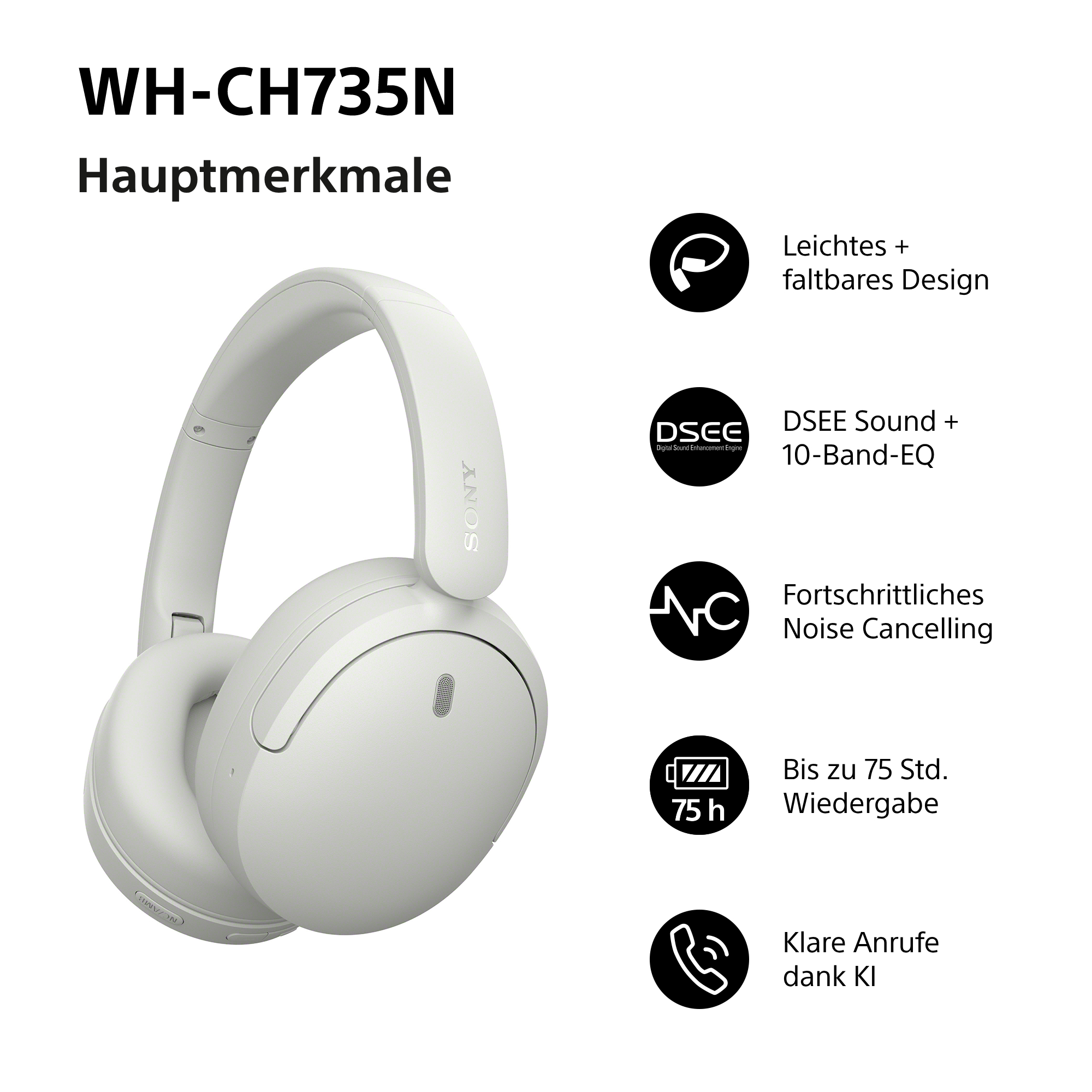 Weiße Sony WH-CH720N Kopfhörer mit Hauptmerkmalen wie leichtes Design, ANC und 75 Std. Akku auf weißem Grund.