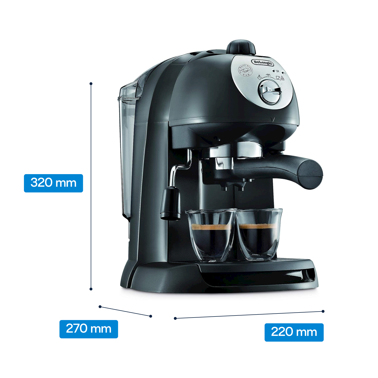 Macchina da caffè espresso DeLonghi nera con due tazzine e indicatori di dimensioni.