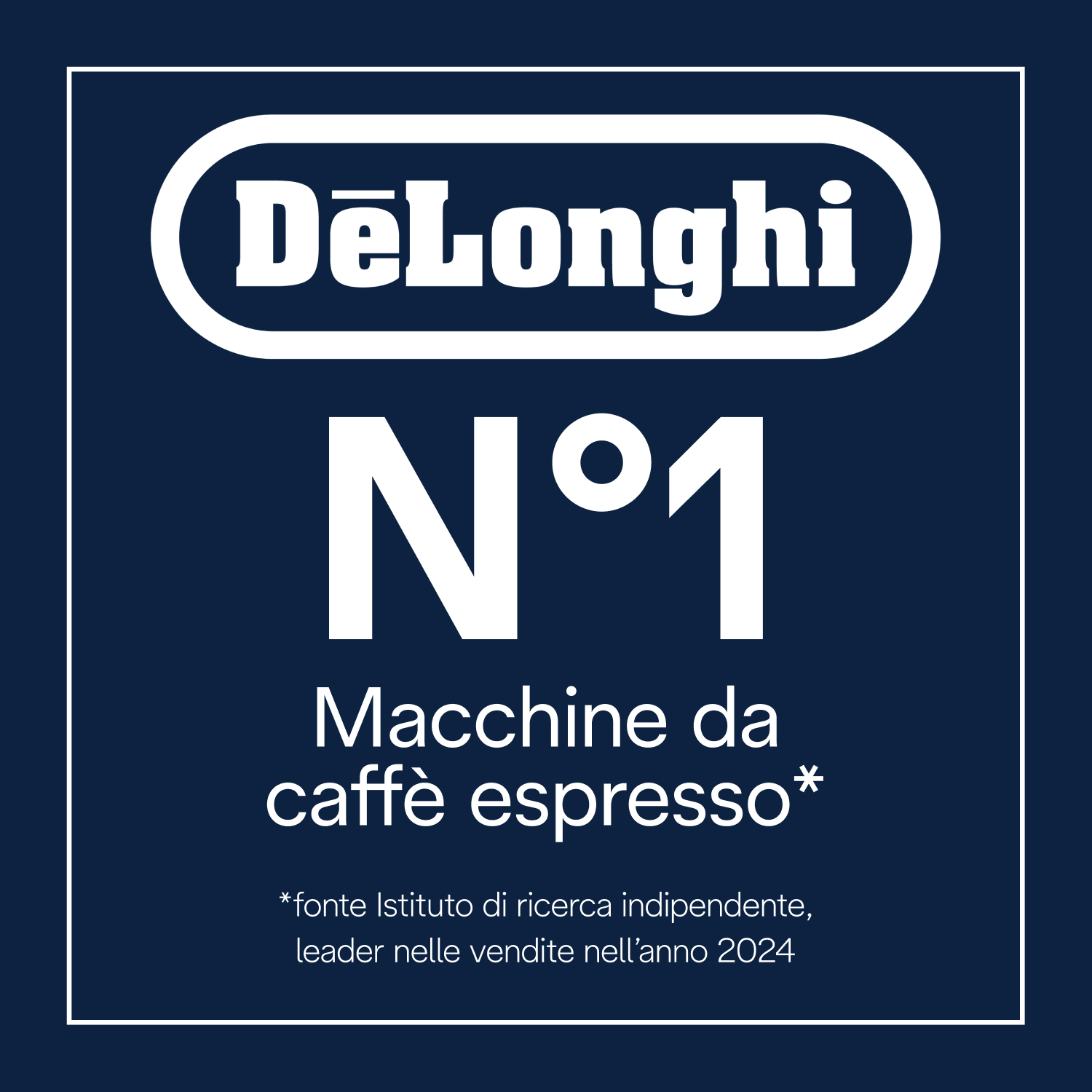 Annuncio blu con logo bianco DeLonghi e testo sulla leadership espresso 2024.