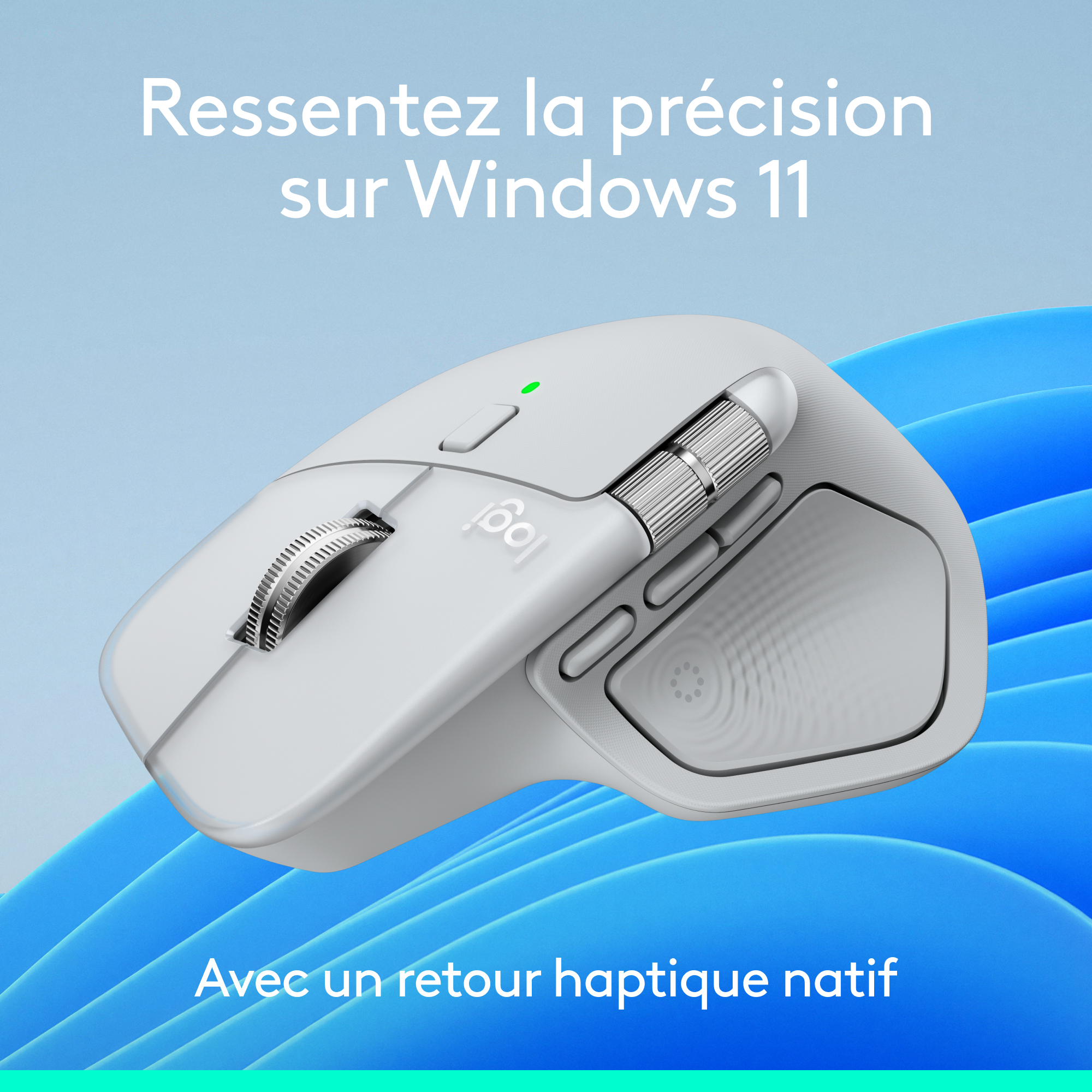Une souris sans fil grise sur fond bleu avec du texte en français.