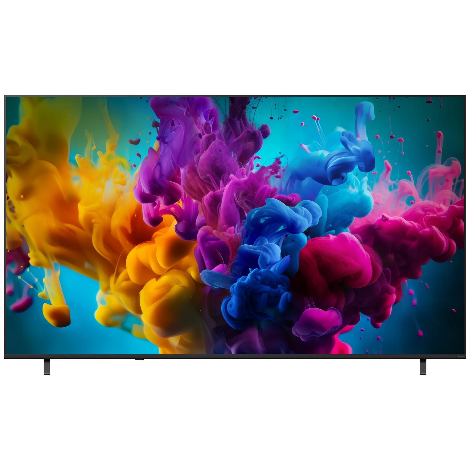 A TV displays a colorful explosion of yellow, purple, blue, and pink ink clouds on a blue background.