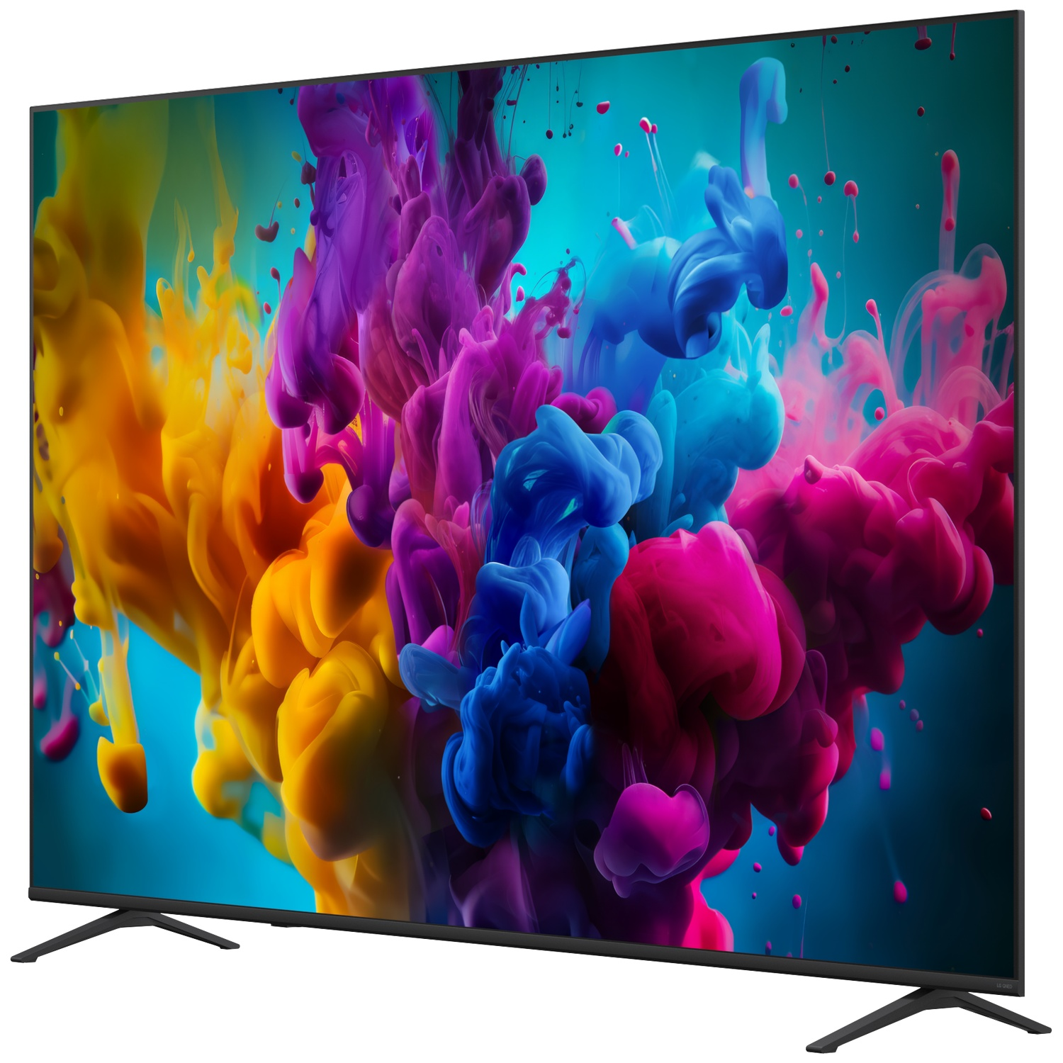 A modern TV displays vibrant swirls of yellow, purple, blue, and pink ink dispersing in water on a bright blue background.