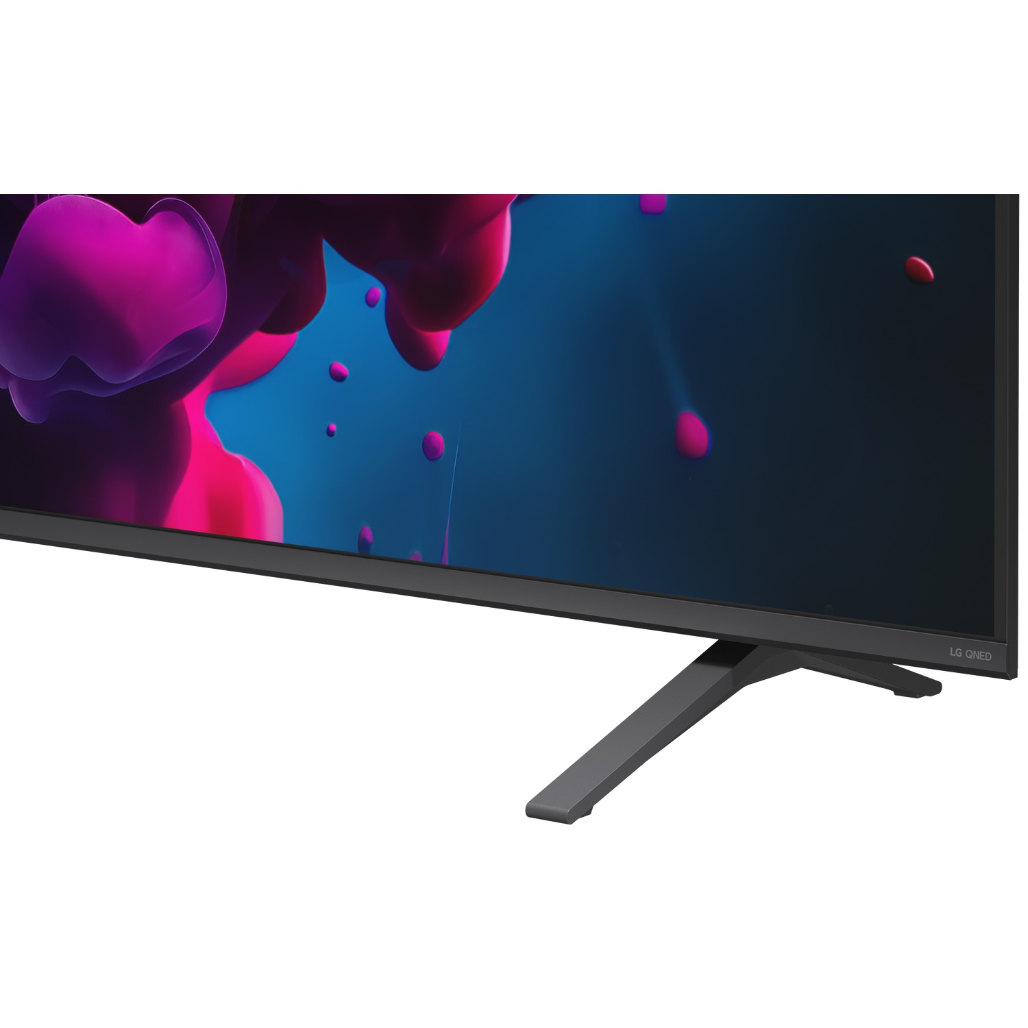A black LG QNED TV with a stand displays a colorful abstract image.