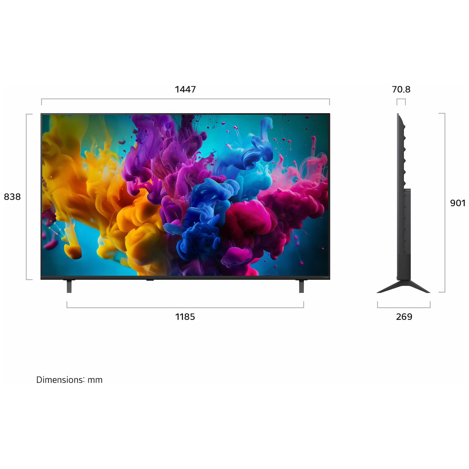 Diagram shows dimensions of a flat screen TV with colorful abstract graphics on screen, in millimeters.