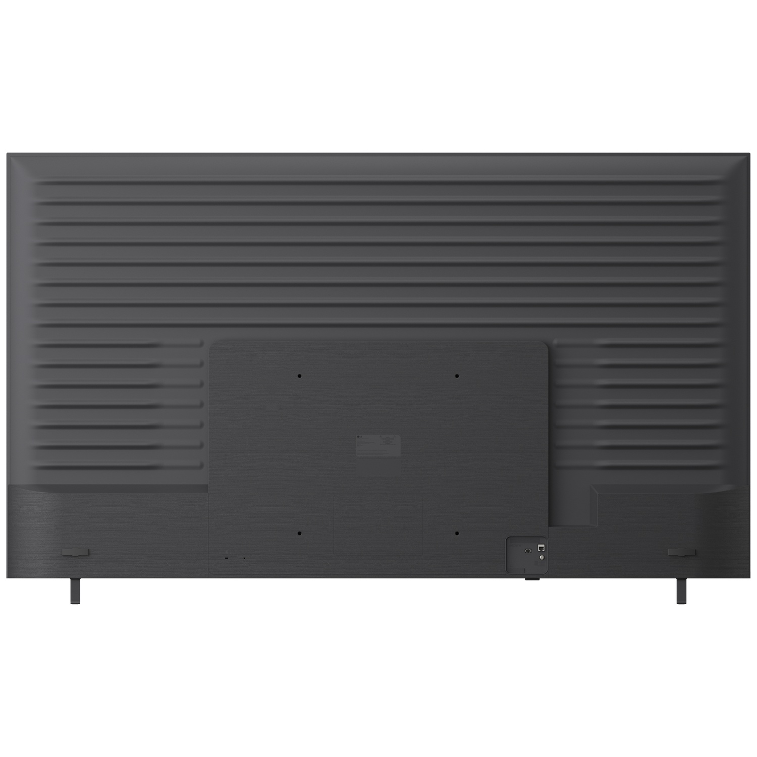 Back view of a black television with horizontal ridges and two small stands.