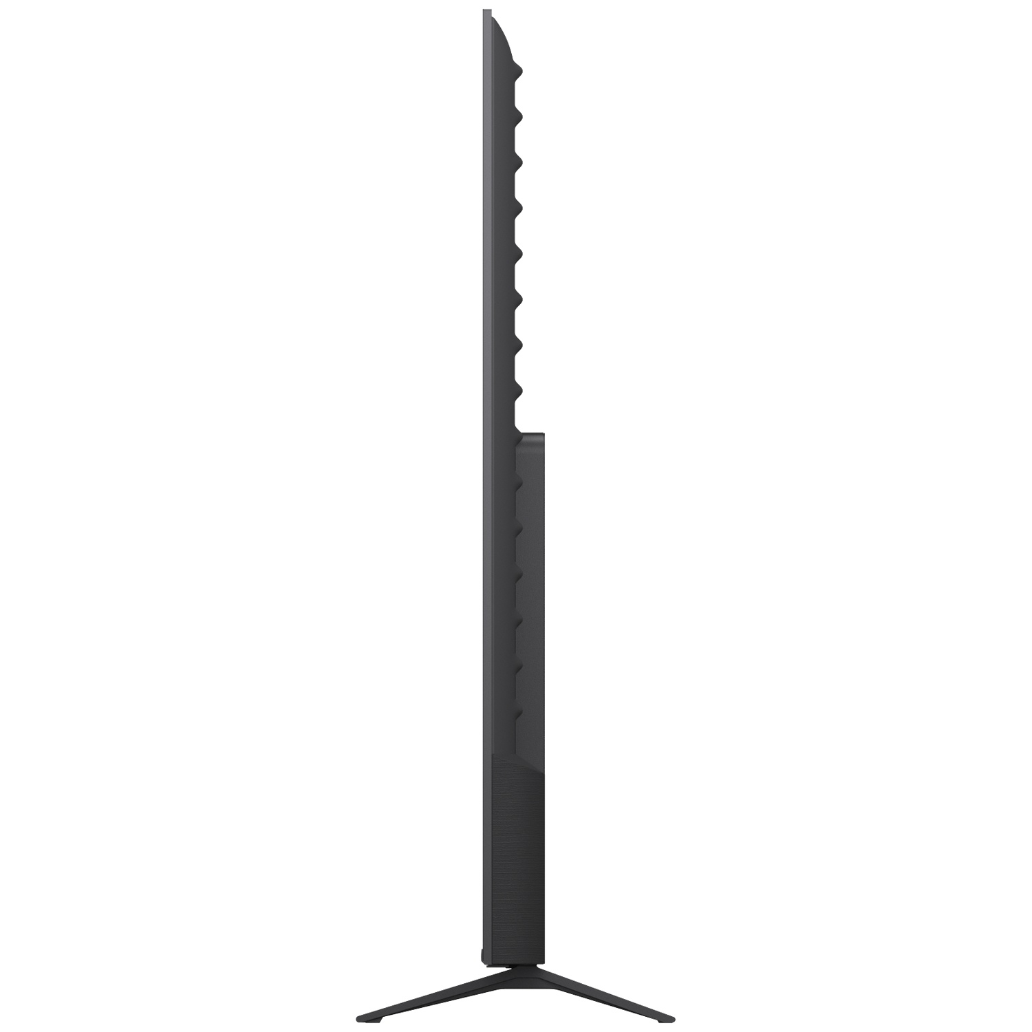 Side view of a slim black television on a V-shaped stand against a white background.