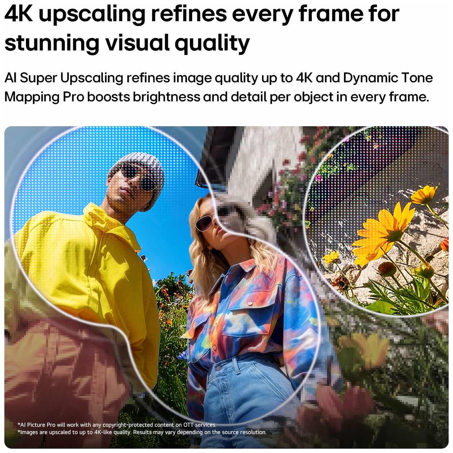 Comparison image shows AI upscaling turning pixelated blur into a crisp 4K picture of people and yellow flowers.
