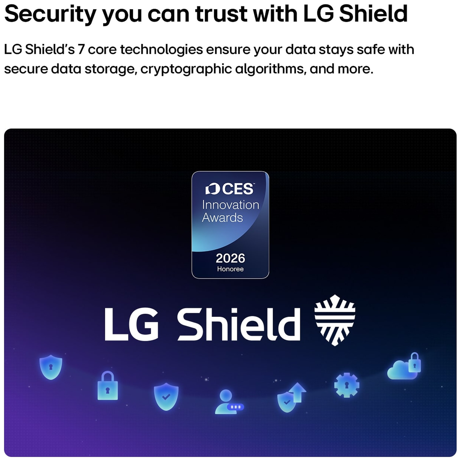 LG Shield promotional graphic featuring a CES 2026 Innovation Award, text, and security icons on blue-purple background.