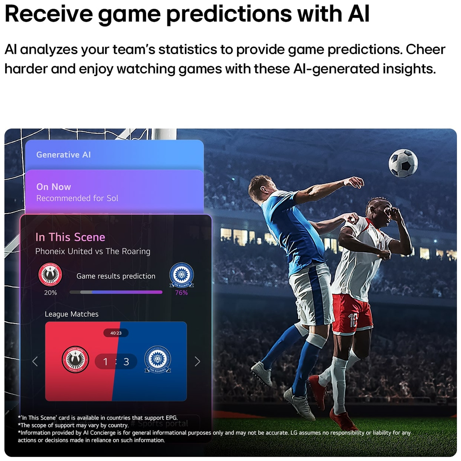 Players jump in a stadium while AI game predictions are displayed on a screen overlay.