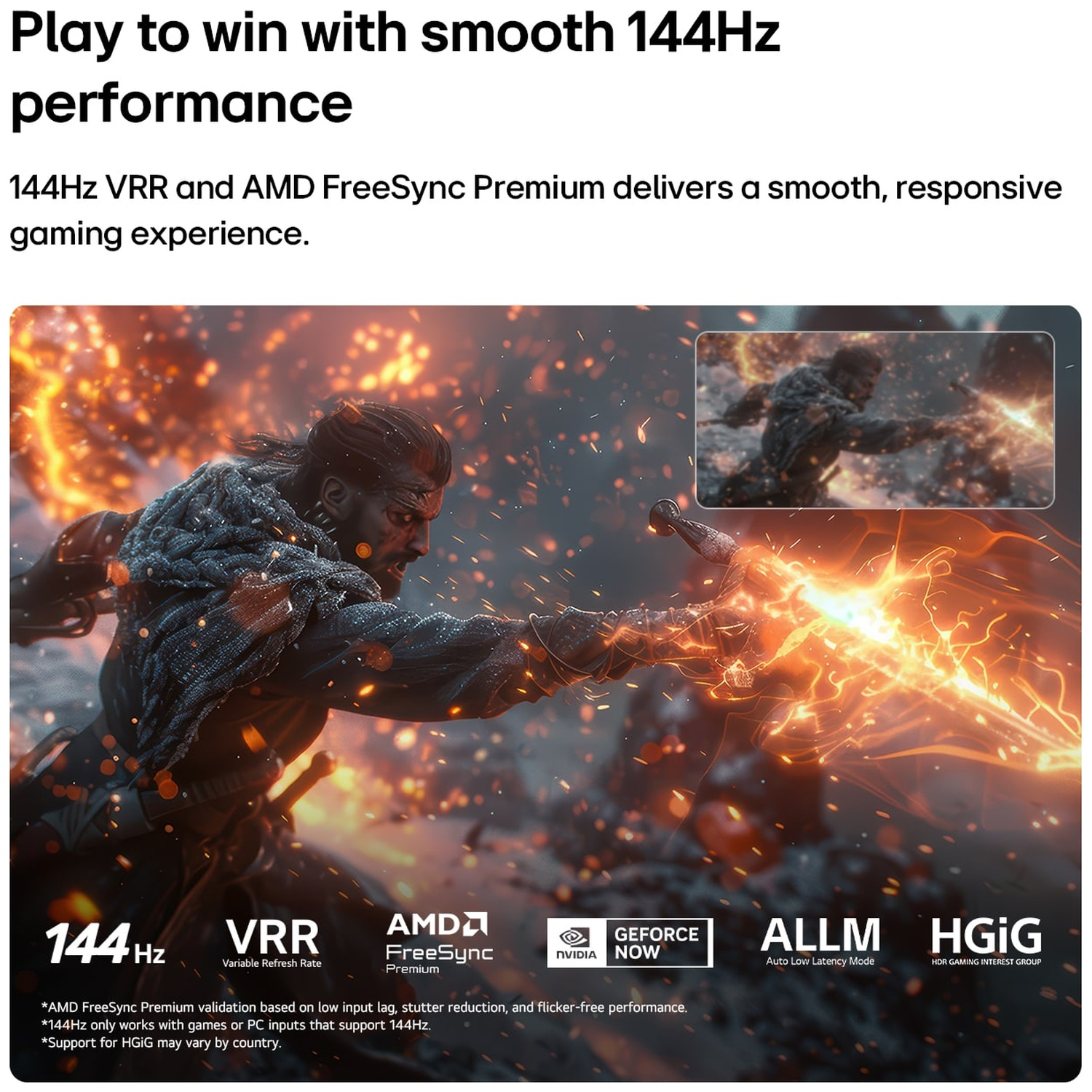 A warrior swings a fiery sword, advertised with 144Hz and AMD FreeSync Premium for smooth gaming.