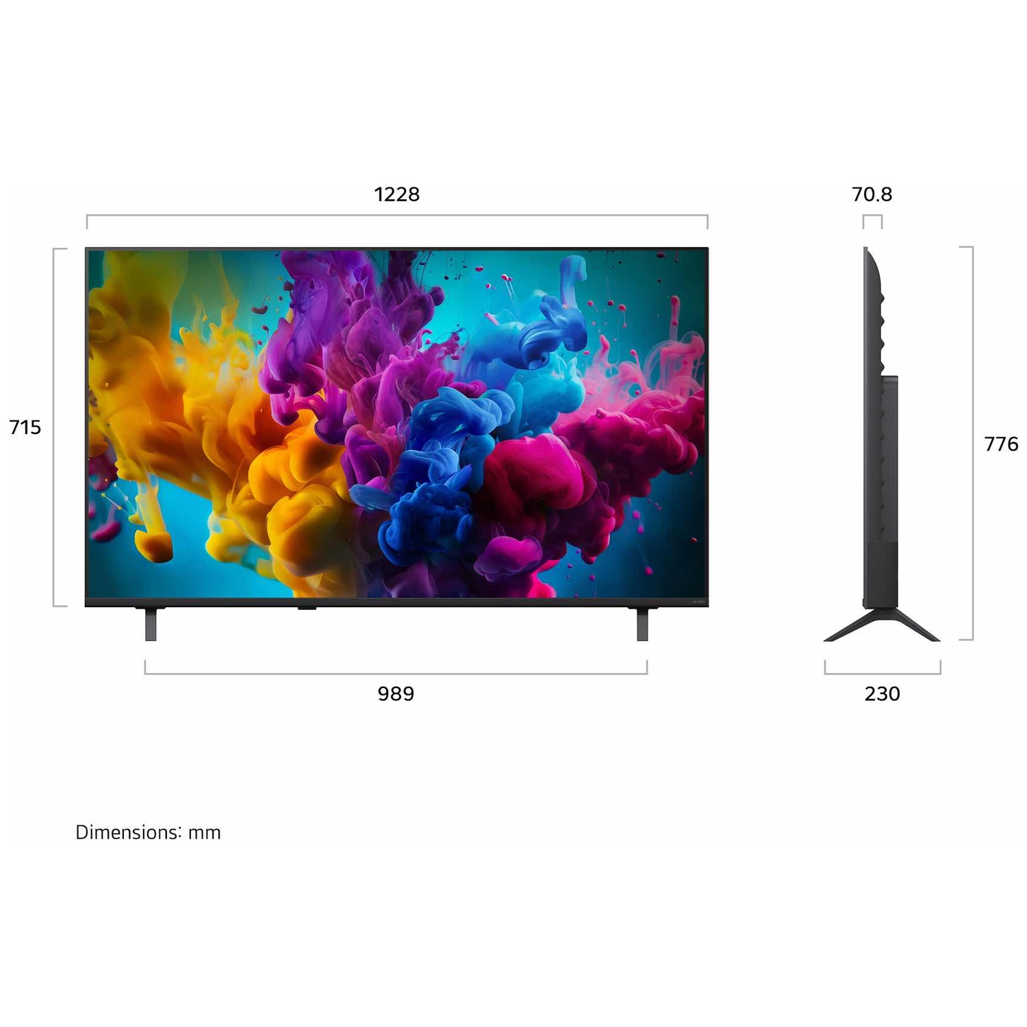 Front and side views of a flat-screen TV with dimension measurements in millimeters on a white background.