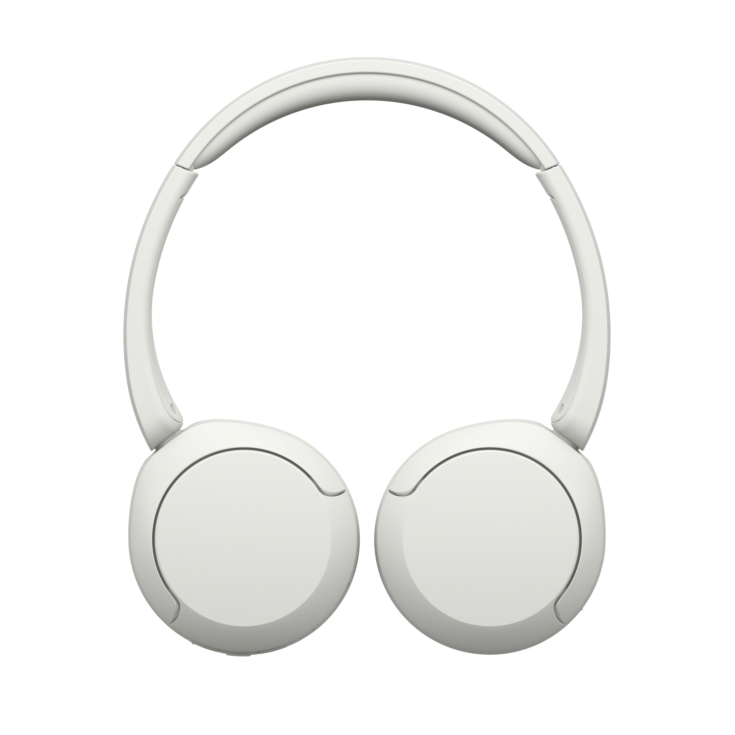 Weiße On-Ear-Kopfhörer vor weißem Hintergrund.