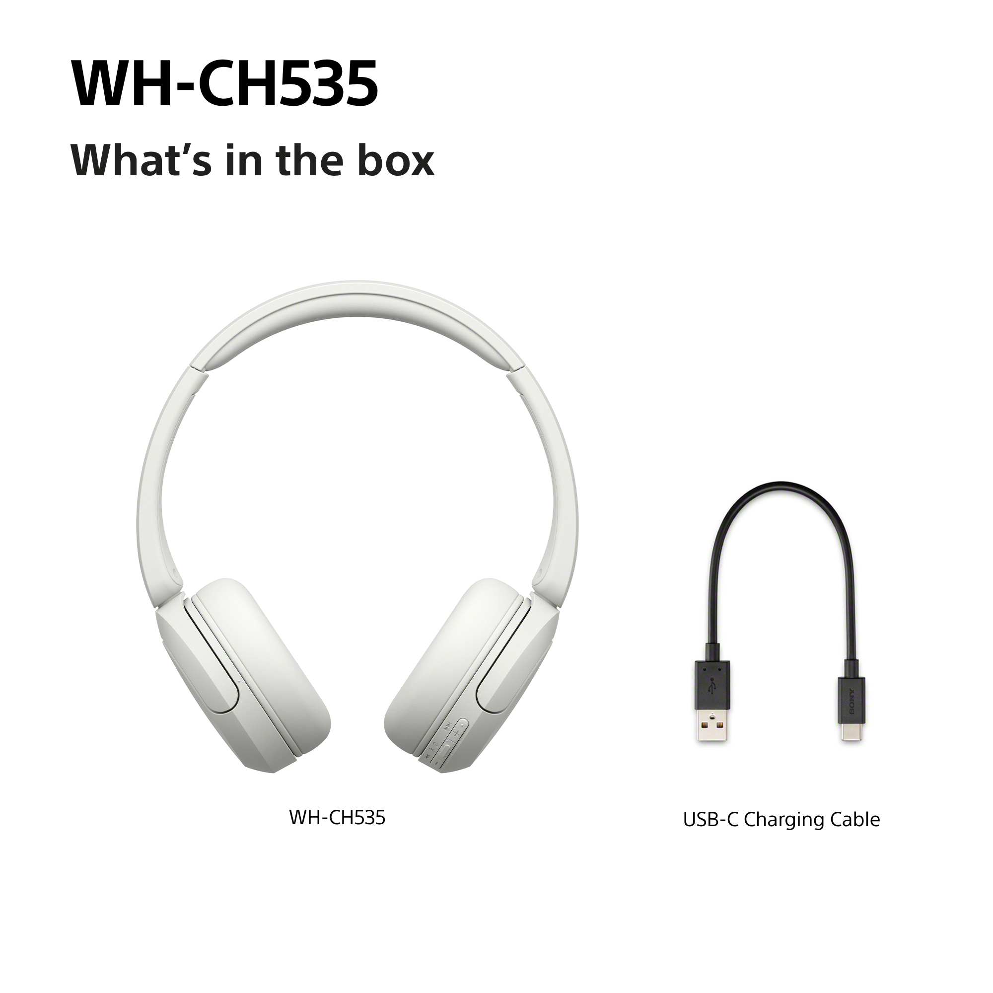 Weiße Kopfhörer WH-CH535 und ein USB-C-Ladekabel vor weißem Hintergrund.