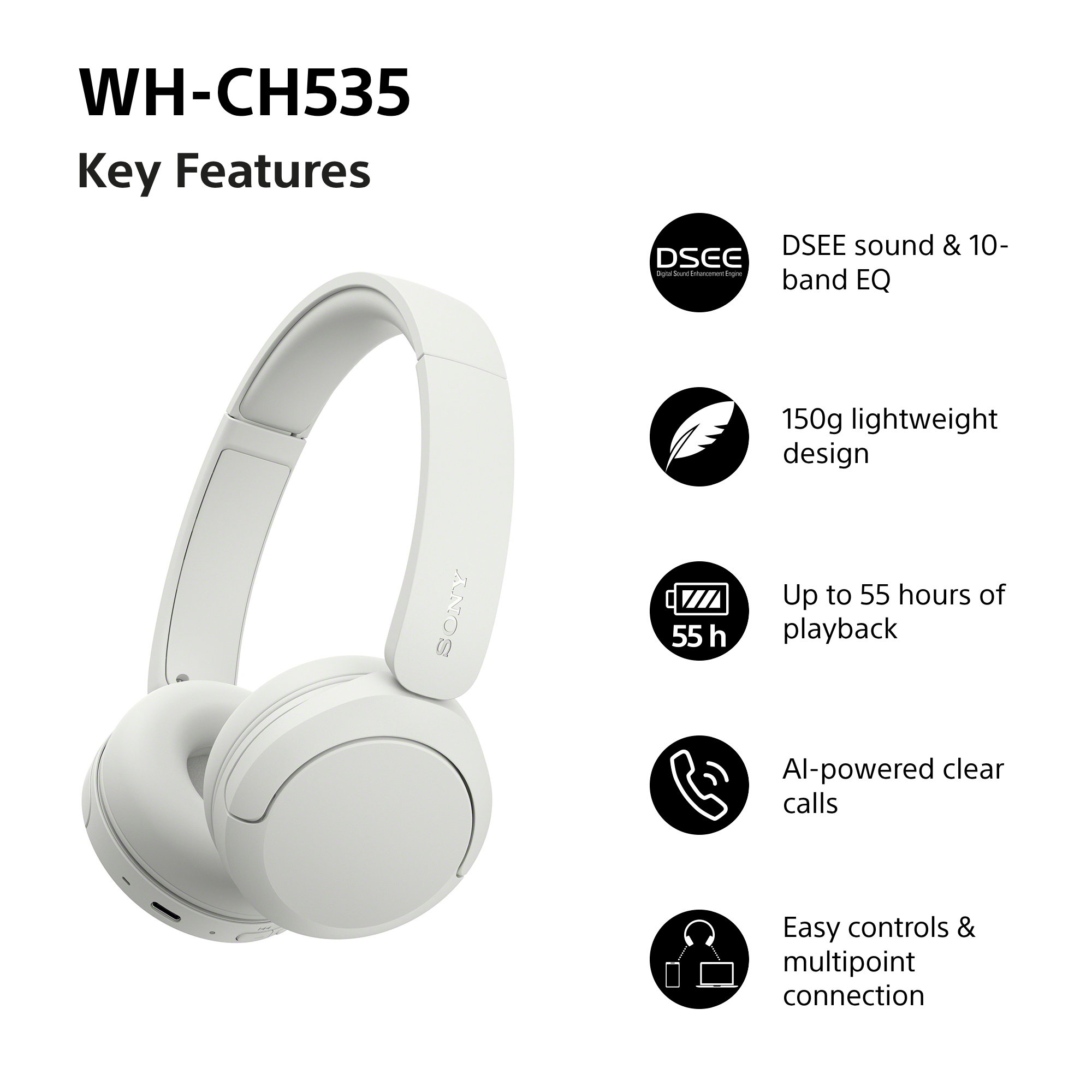 Weisse Sony WH-CH535 Kopfhörer links, rechts sind die Hauptmerkmale mit Symbolen aufgelistet.