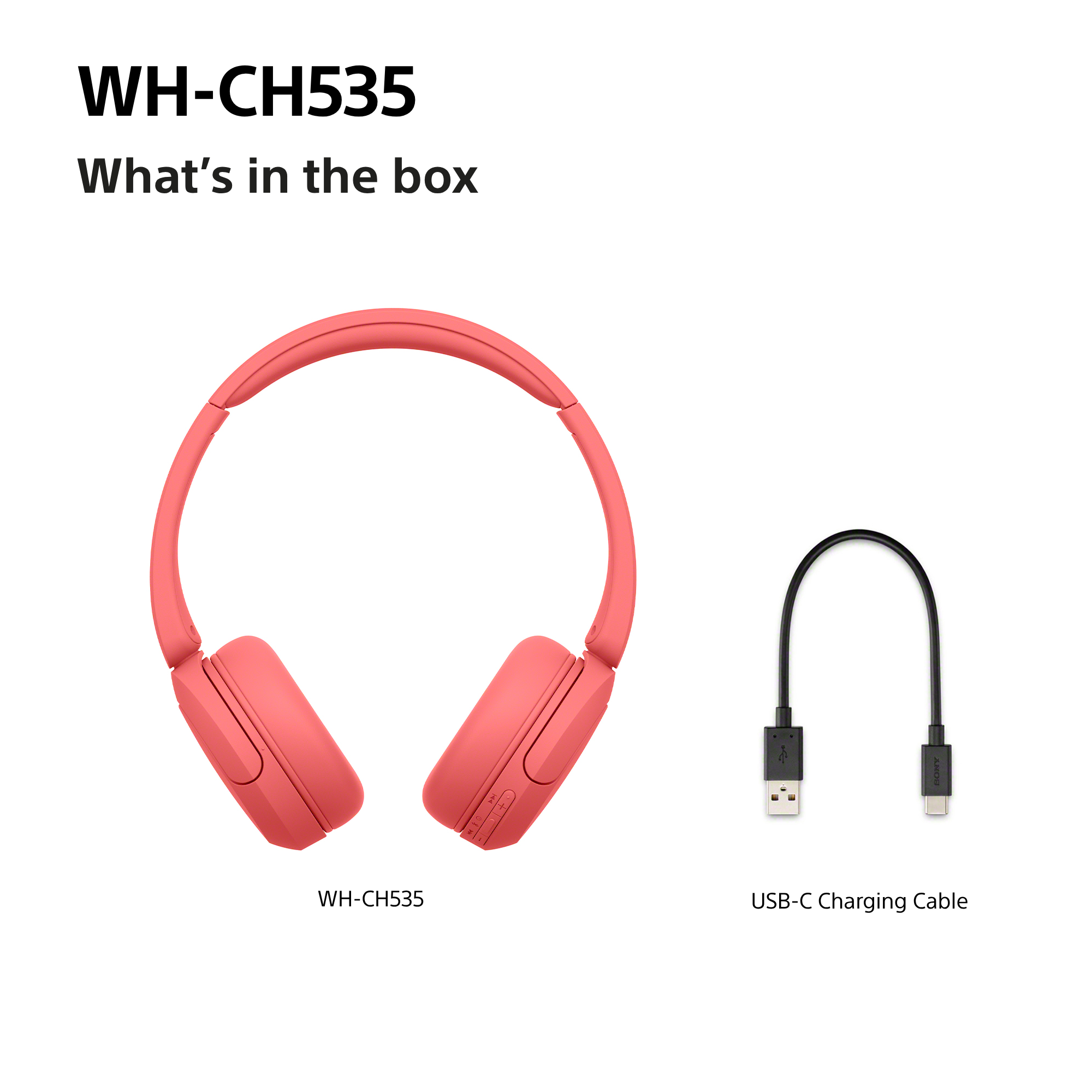 Rosa WH-CH535 Kopfhörer und ein USB-C Ladekabel vor weißem Hintergrund.