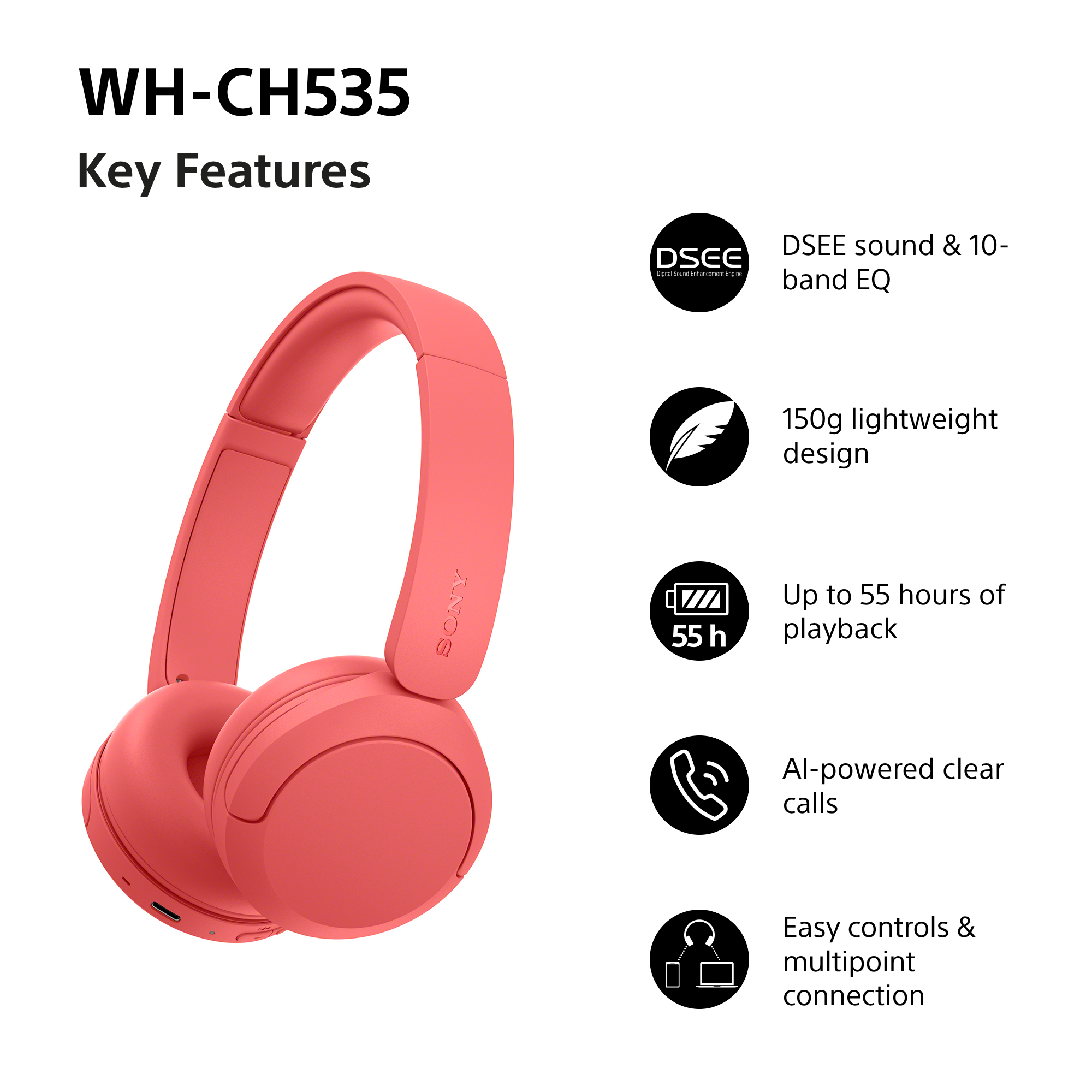 Rosa Sony WH-CH535 Kopfhörer mit wichtigsten Funktionen wie DSEE, 150g Gewicht, 55h Akku.