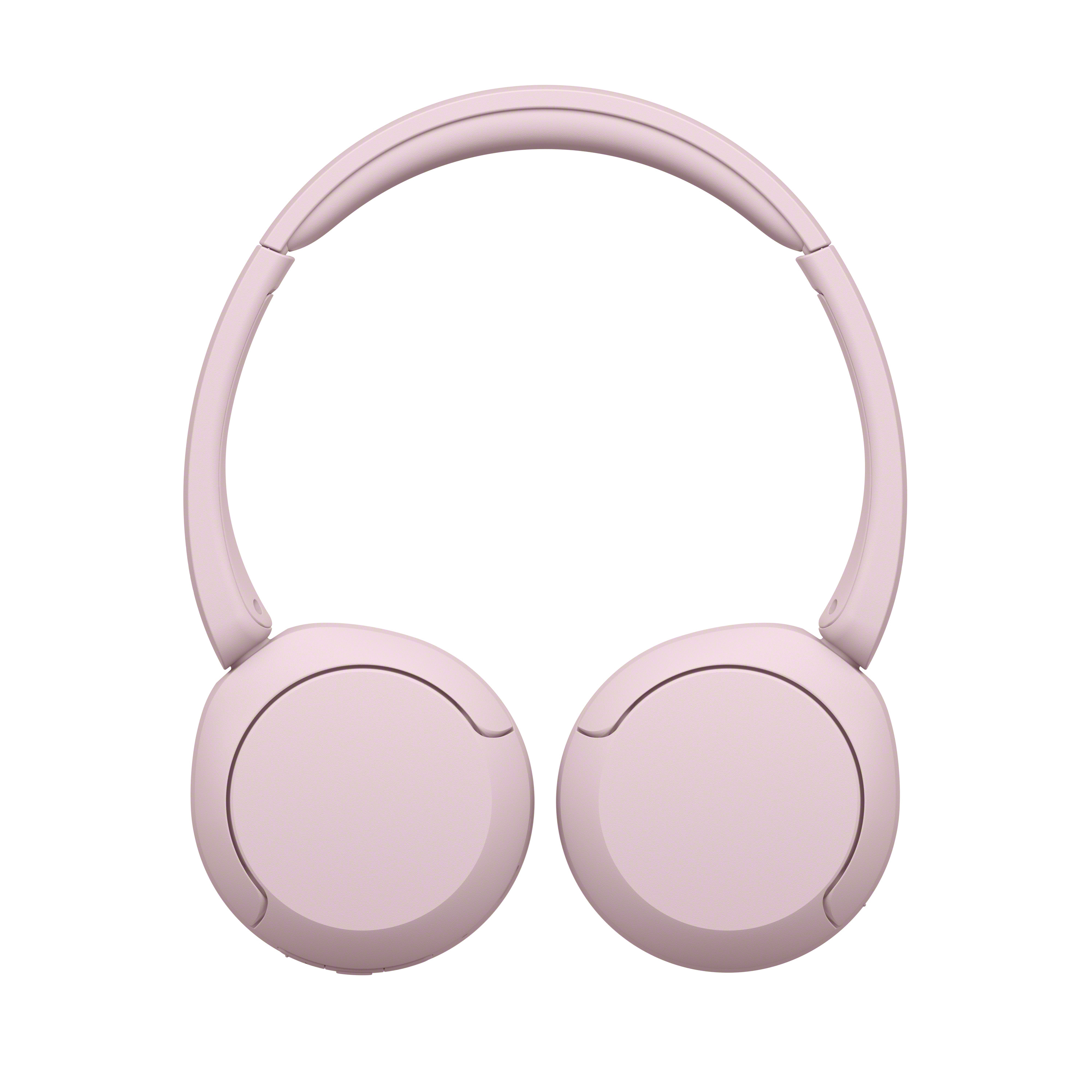 Rosa kabellose On-Ear-Kopfhörer auf weißem Hintergrund.