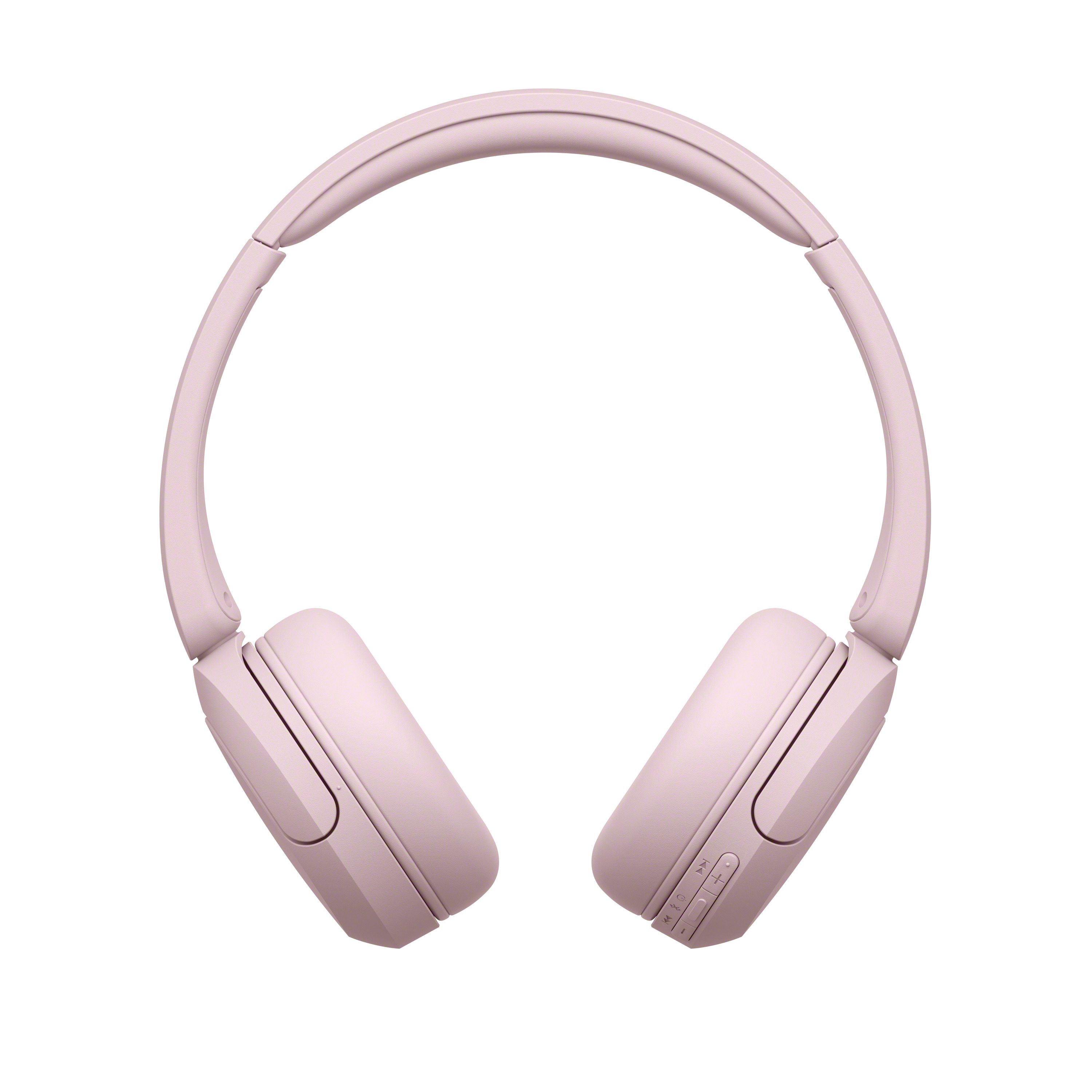 Moderne, rosa Over-Ear-Kopfhörer mit Bedienelementen an der rechten Ohrmuschel vor weißem Hintergrund.