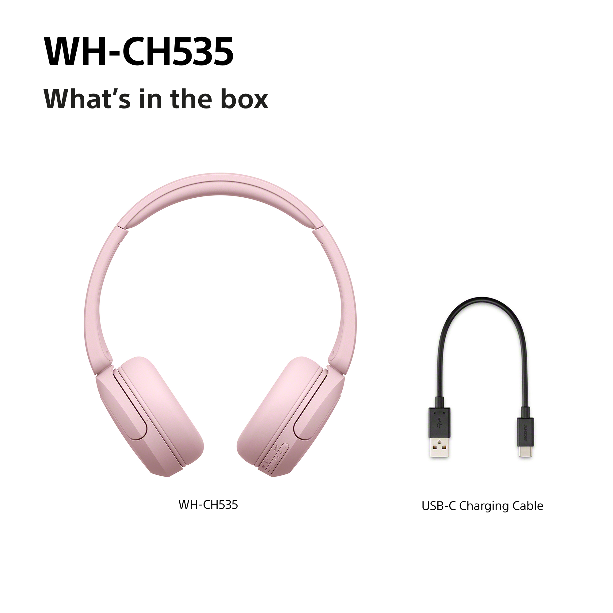 Rosa Kopfhörer WH-CH535 und ein USB-C-Ladekabel auf weißem Hintergrund.