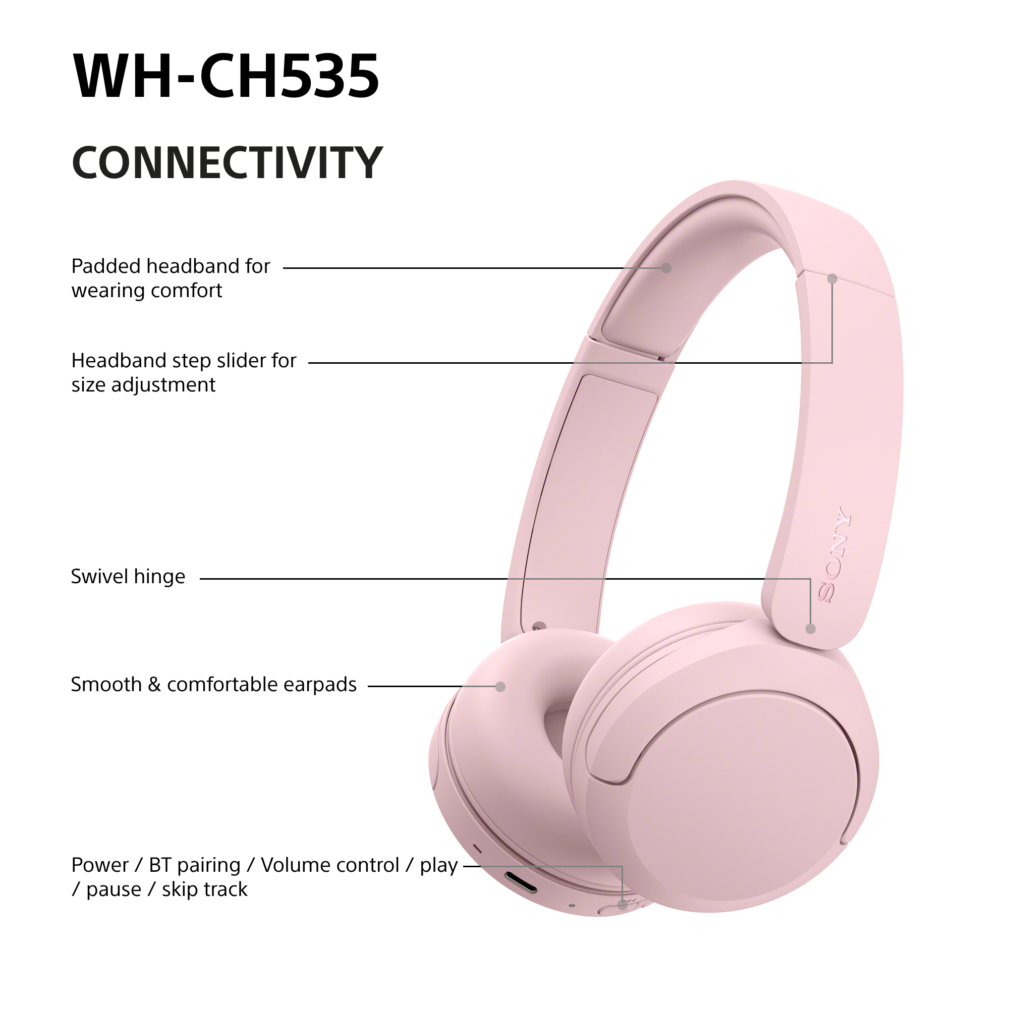 Diagramm der rosafarbenen kabellosen Kopfhörer WH-CH535 mit Bezeichnungen für Kopfband, Gelenk und Ohrpolster.