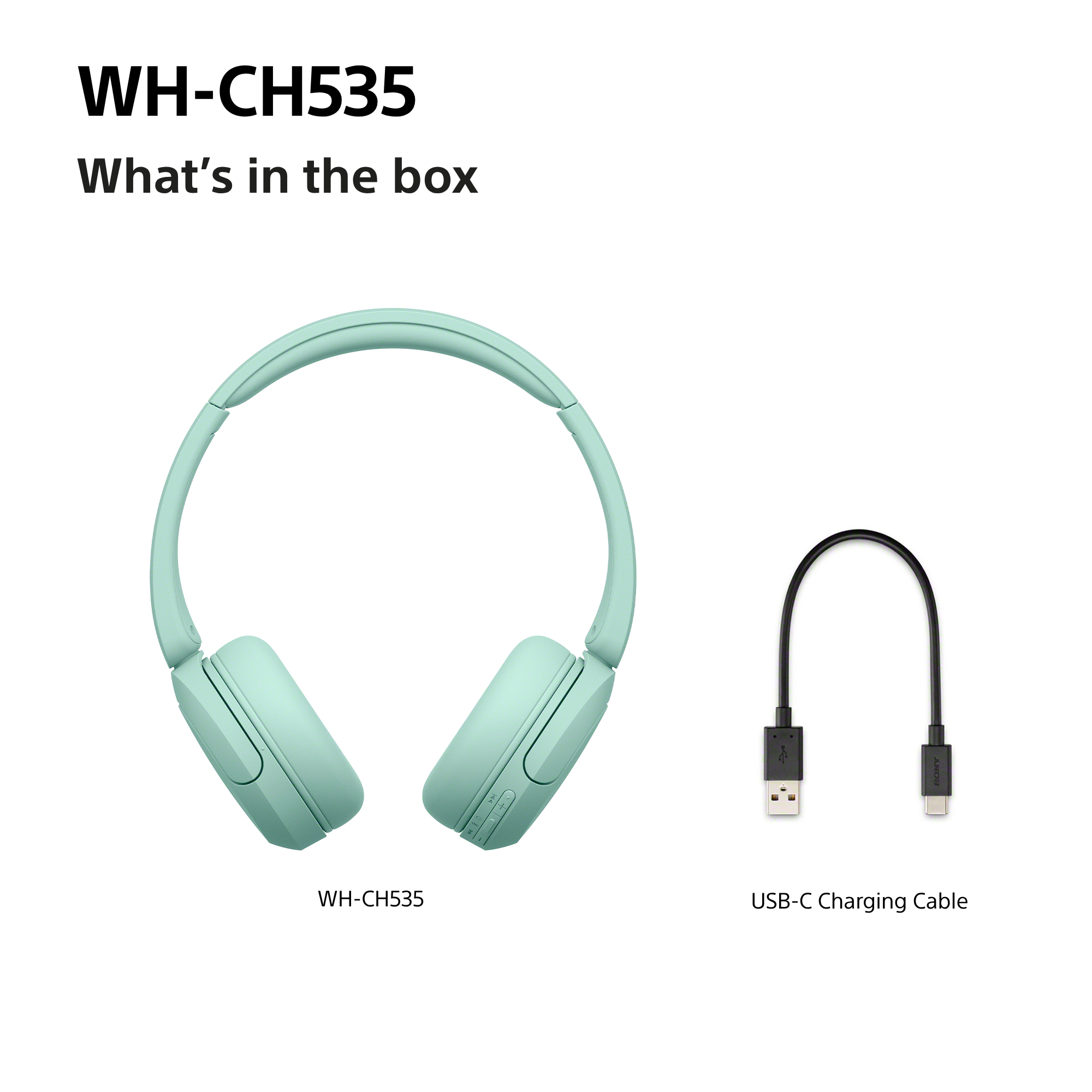 Mintgrüne Kopfhörer und ein schwarzes USB-C-Ladekabel vor weißem Hintergrund.