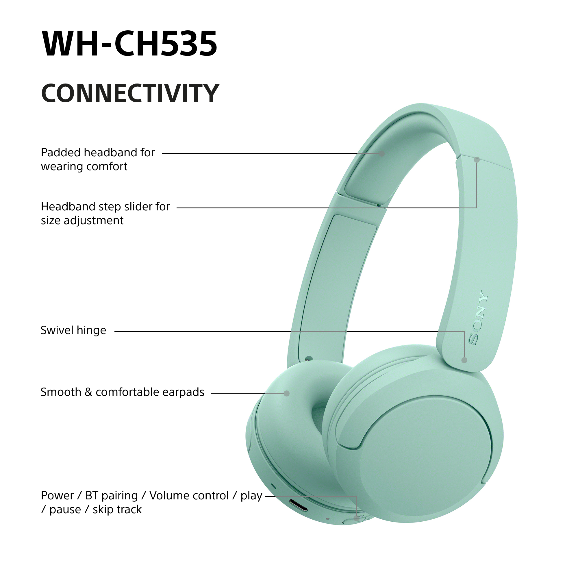 Diagramm von mintgrünen Sony WH-CH535 Kopfhörern mit Beschriftungen für Komfort, Gelenke und Bedienelemente.