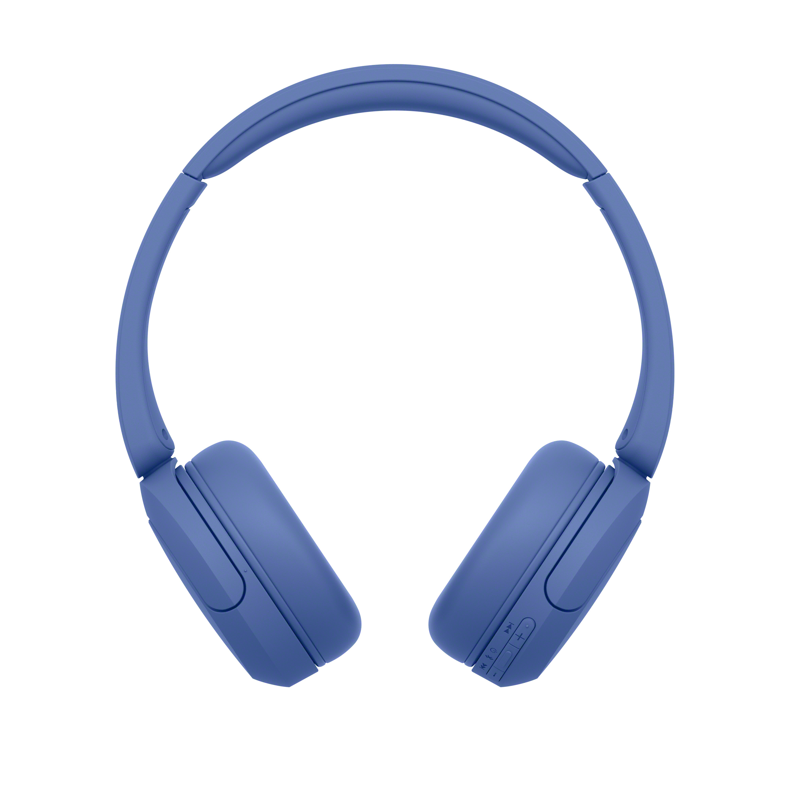 Blaue kabellose On-Ear-Kopfhörer mit Steuertasten auf einem weißen Hintergrund.