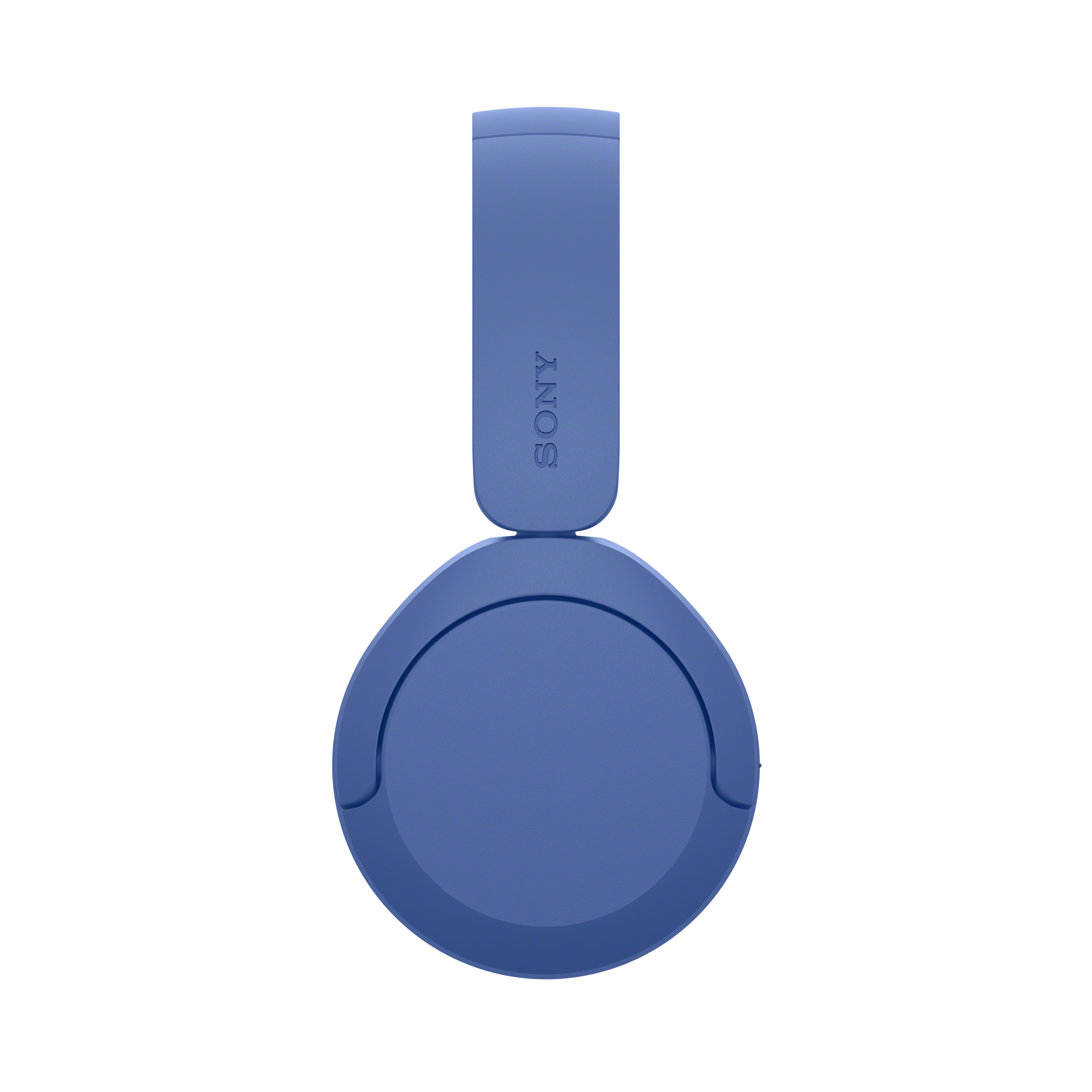 Blaue Sony-Kopfhörer in der Seitenansicht vor weißem Hintergrund.