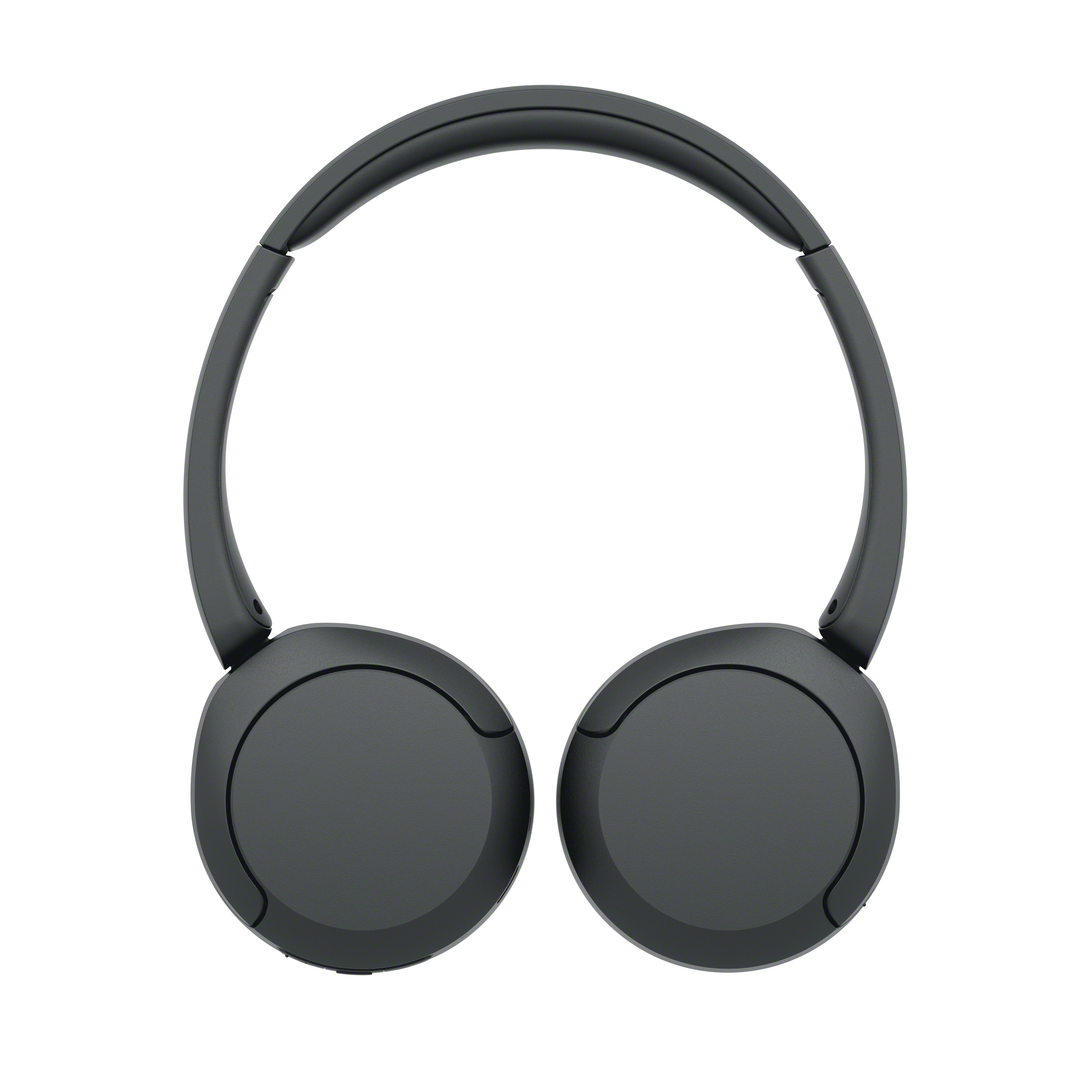 Ein Paar schlichte schwarze Over-Ear-Kopfhörer vor einem weißen Hintergrund.