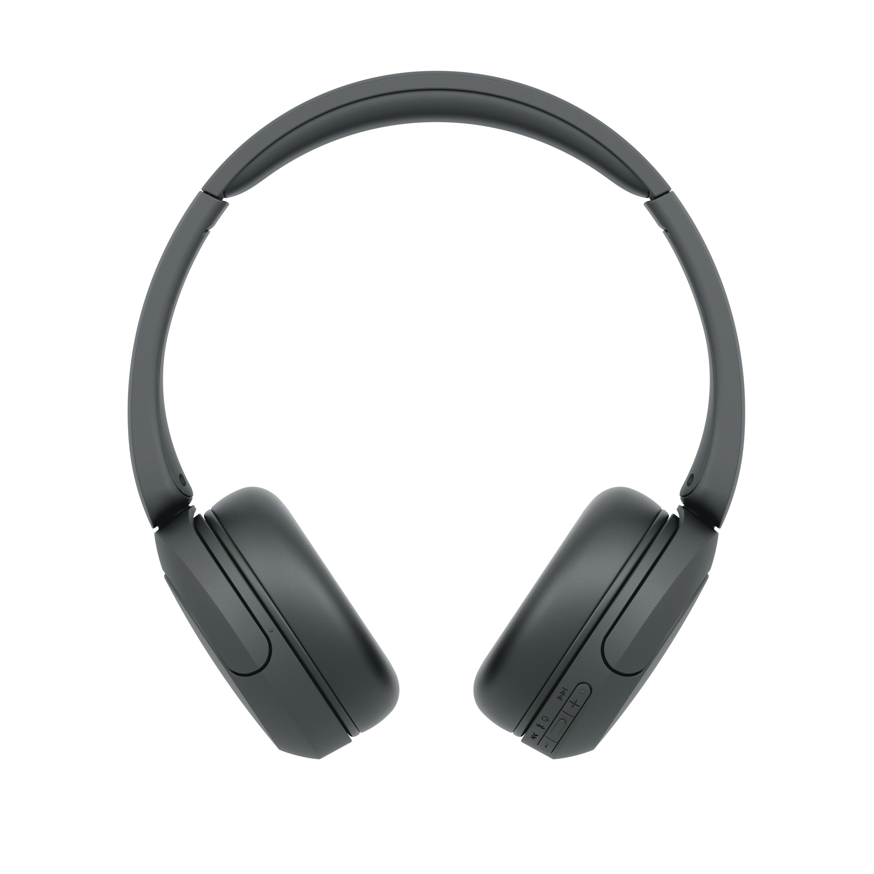 Ein Paar schlichte schwarze Over-Ear-Kopfhörer vor einem weißen Hintergrund.