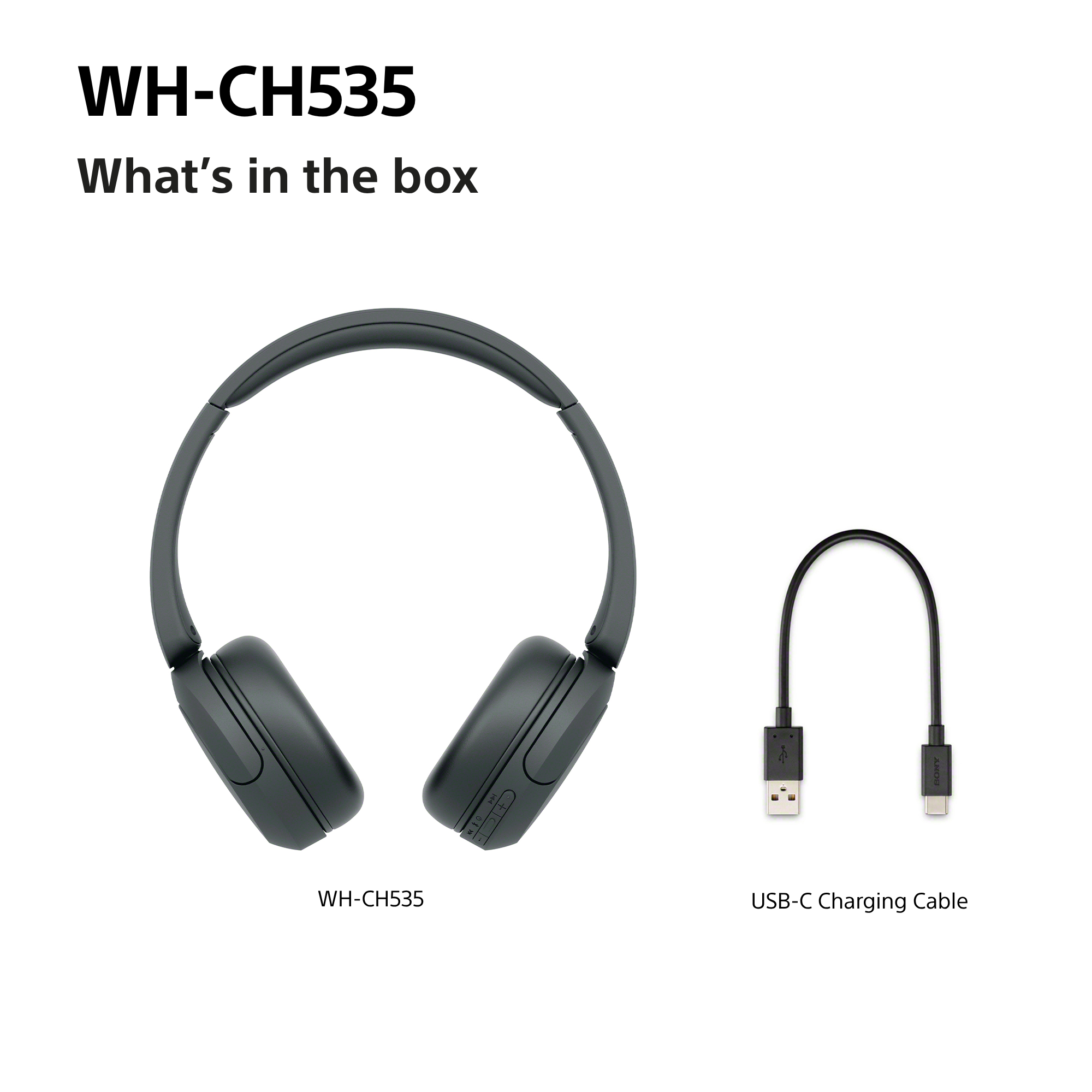 WH-CH535 Kopfhörer und ein USB-C-Ladekabel auf weiẞem Hintergrund.
