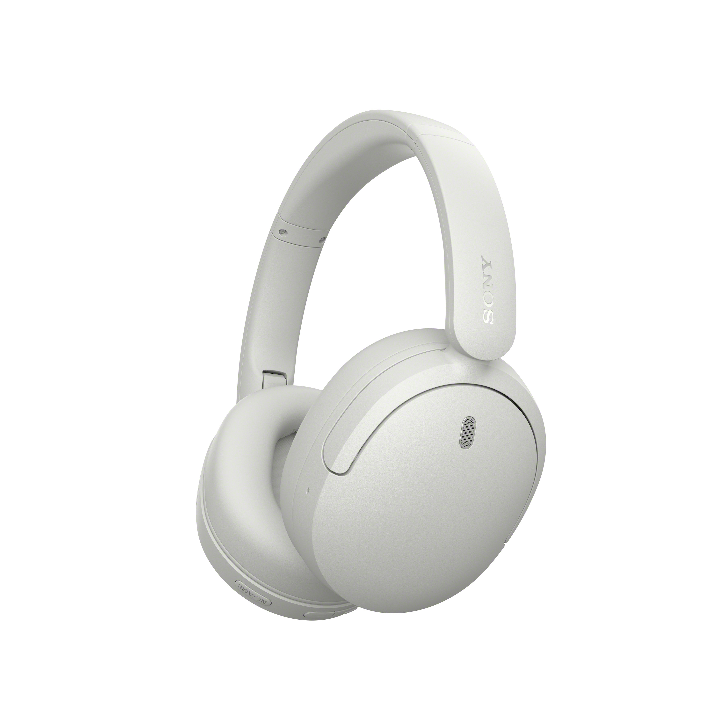 Cuffie over-ear Sony bianche con microfono e padiglioni auricolari imbottiti su sfondo bianco.